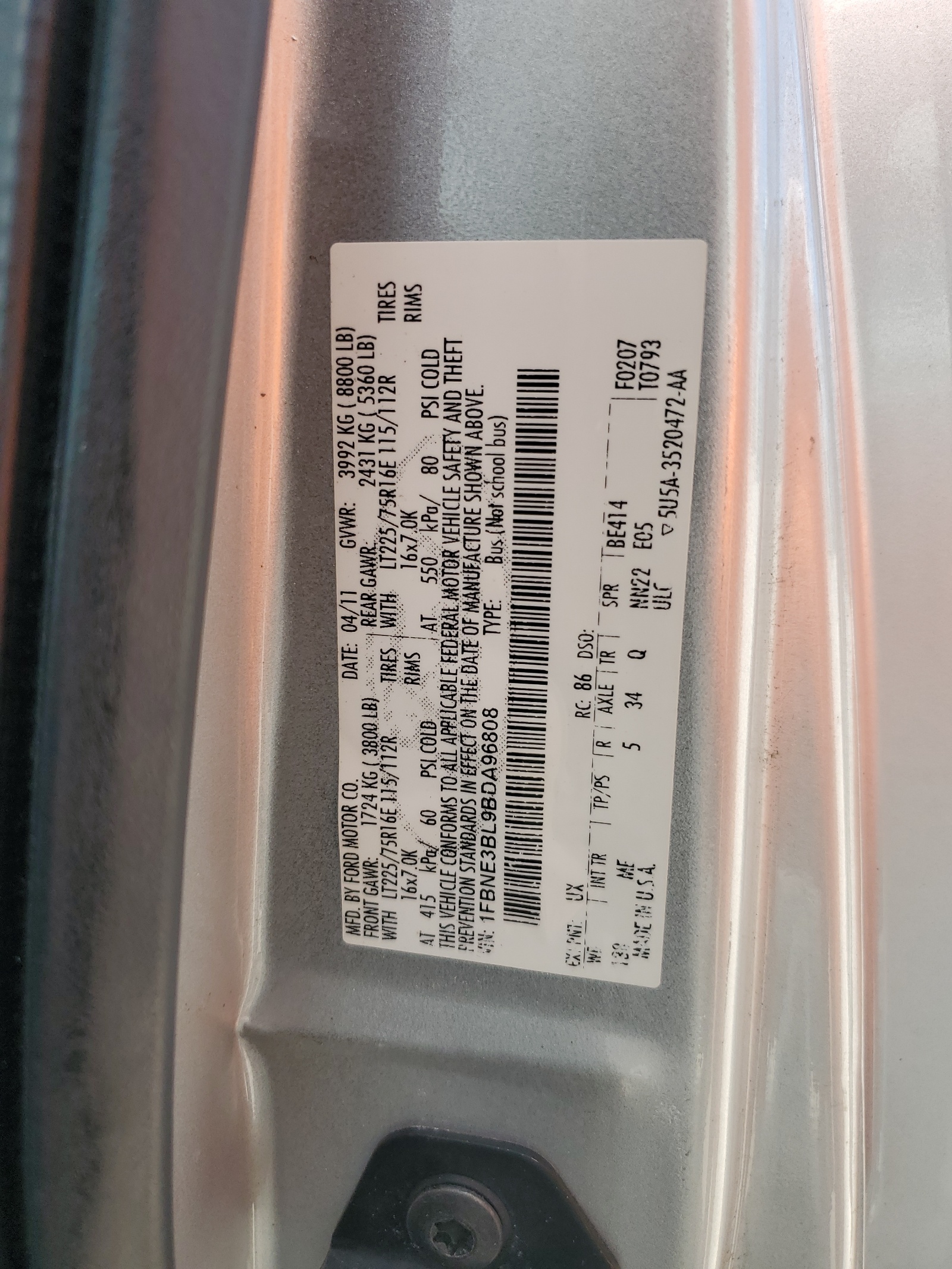 1FBNE3BL9BDA96808 2011 Ford Econoline E350 Super Duty Wagon