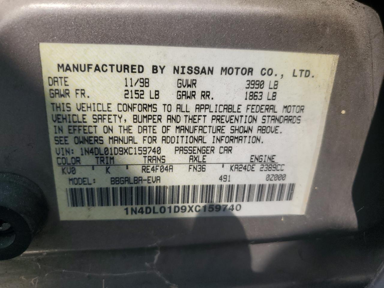 1999 Nissan Altima Xe VIN: 1N4DL01D9XC159740 Lot: 62737734