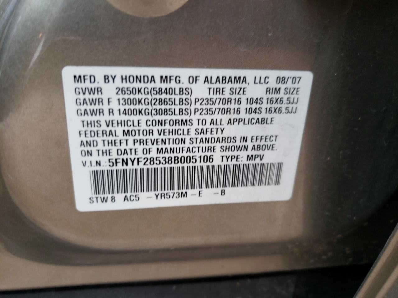 5FNYF28538B005106 2008 Honda Pilot Exl