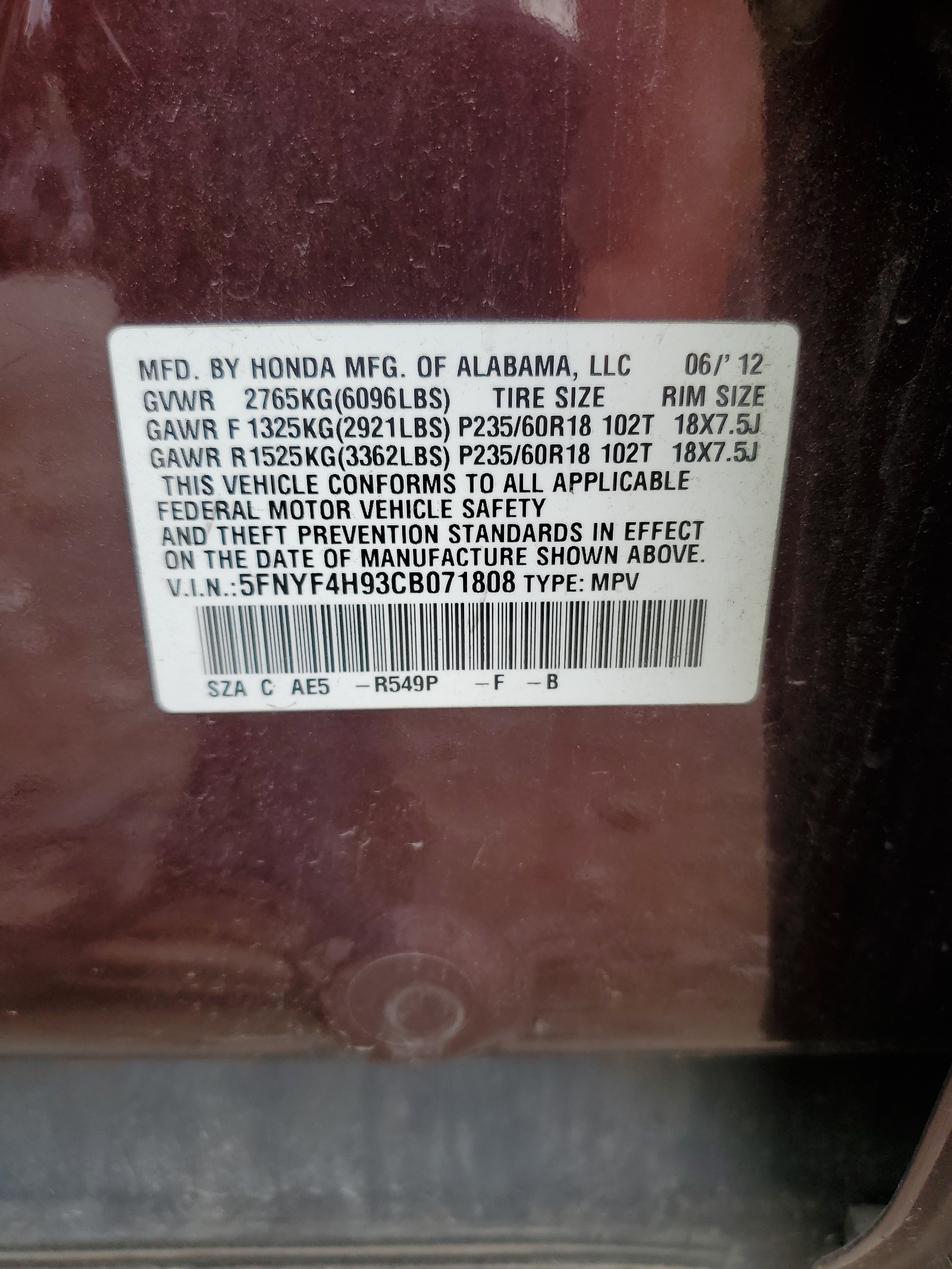 5FNYF4H93CB071808 2012 Honda Pilot Touring