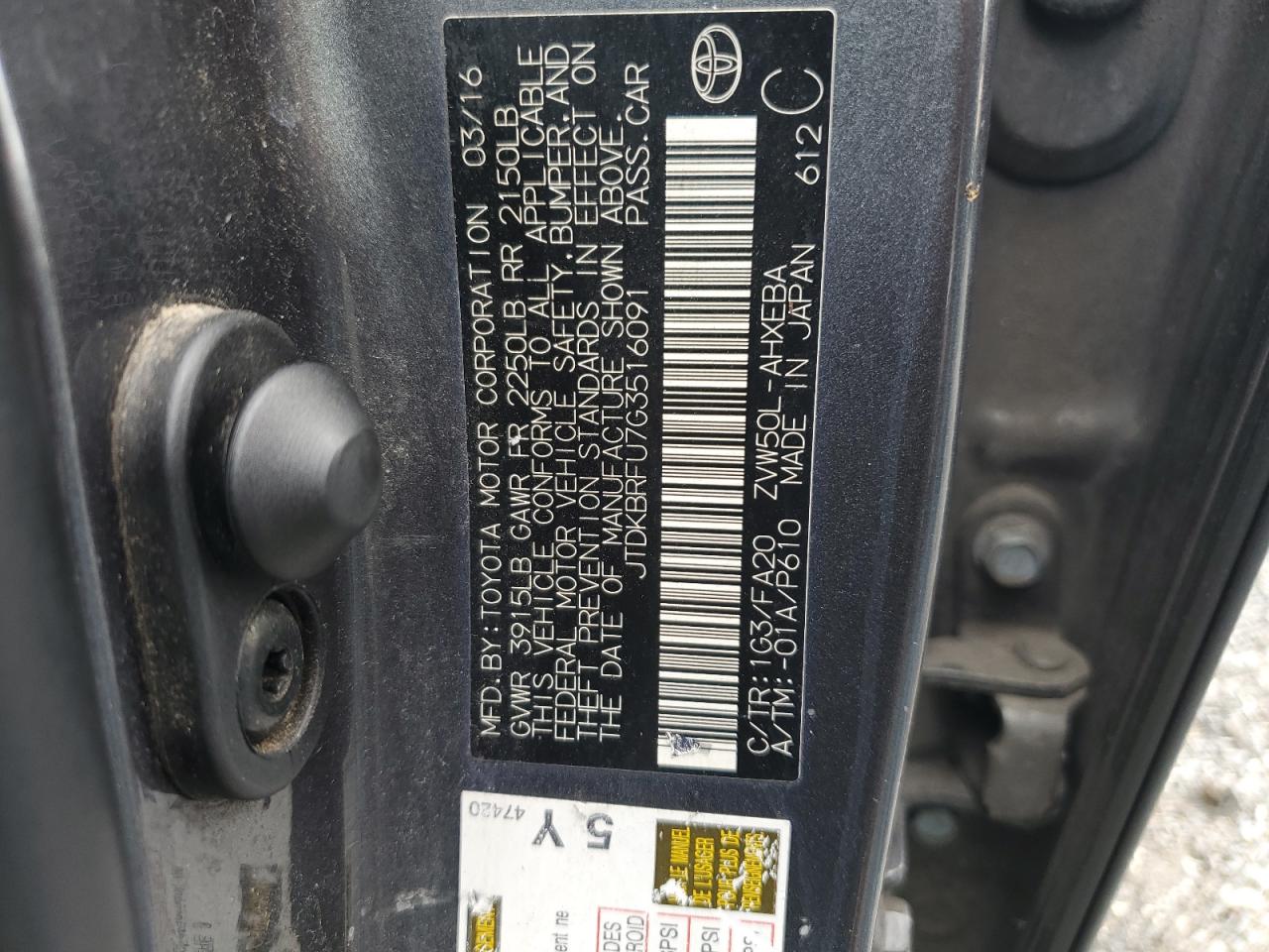 2016 Toyota Prius VIN: JTDKBRFU7G3516091 Lot: 63444744