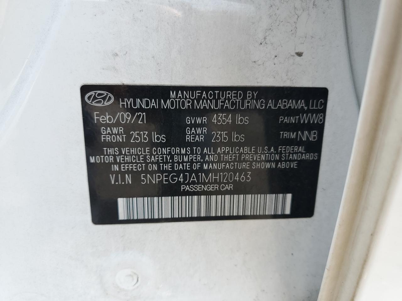 2021 Hyundai Sonata Se VIN: 5NPEG4JA1MH120463 Lot: 65371034