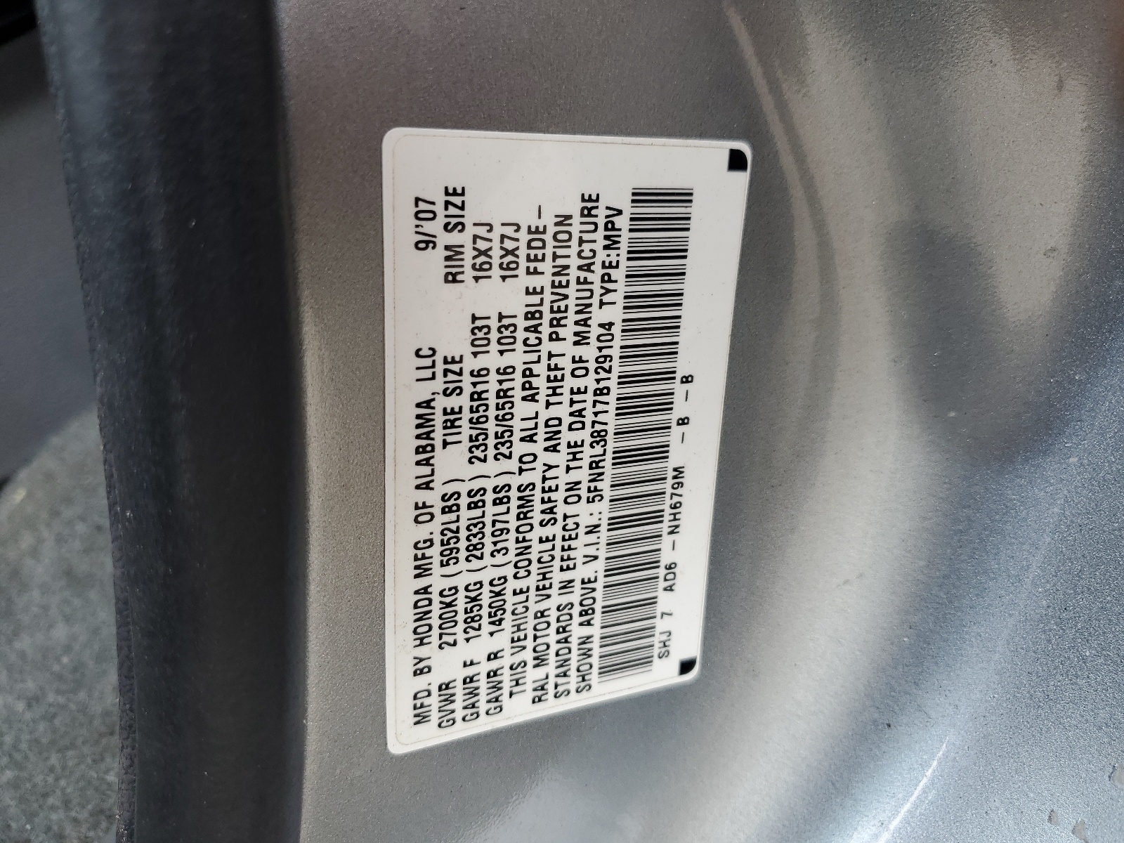 5FNRL38717B129104 2007 Honda Odyssey Exl