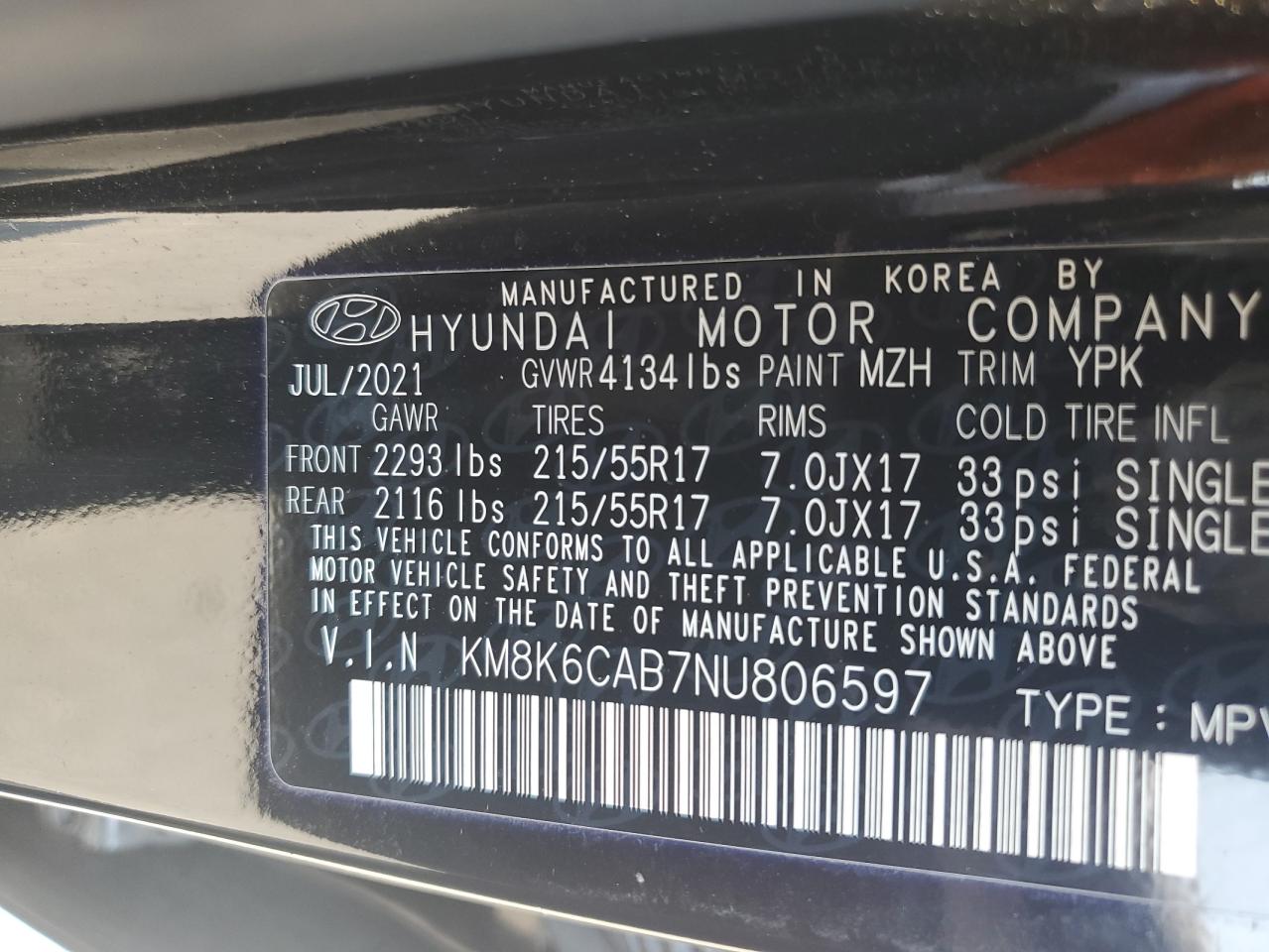 2022 Hyundai Kona Sel VIN: KM8K6CAB7NU806597 Lot: 62521704