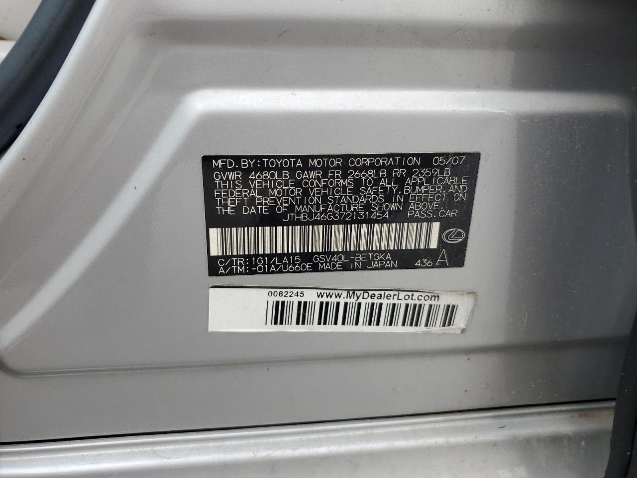 2007 Lexus Es 350 VIN: JTHBJ46G372131454 Lot: 63672684