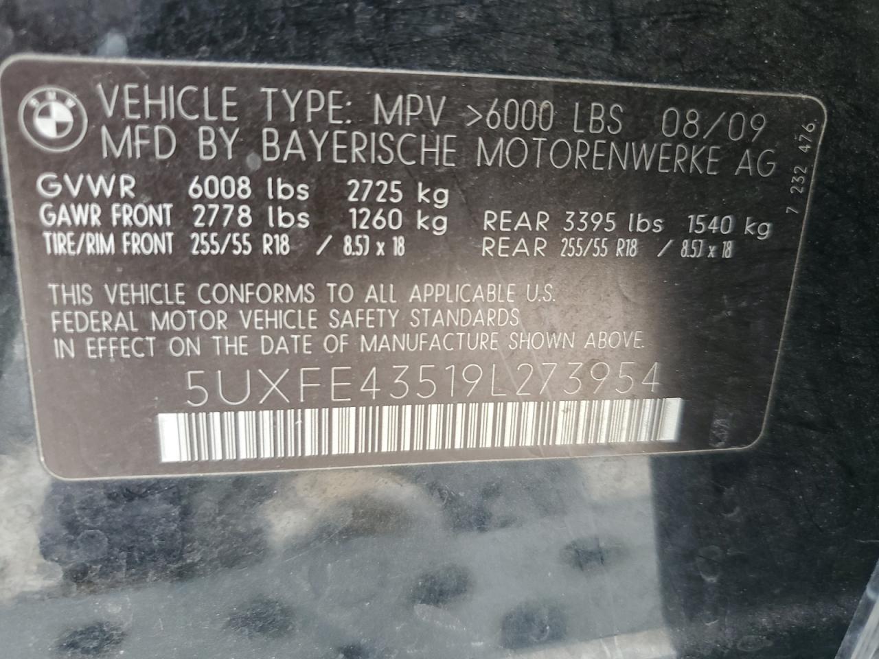 2009 BMW X5 xDrive30I VIN: 5UXFE43519L273954 Lot: 61807244