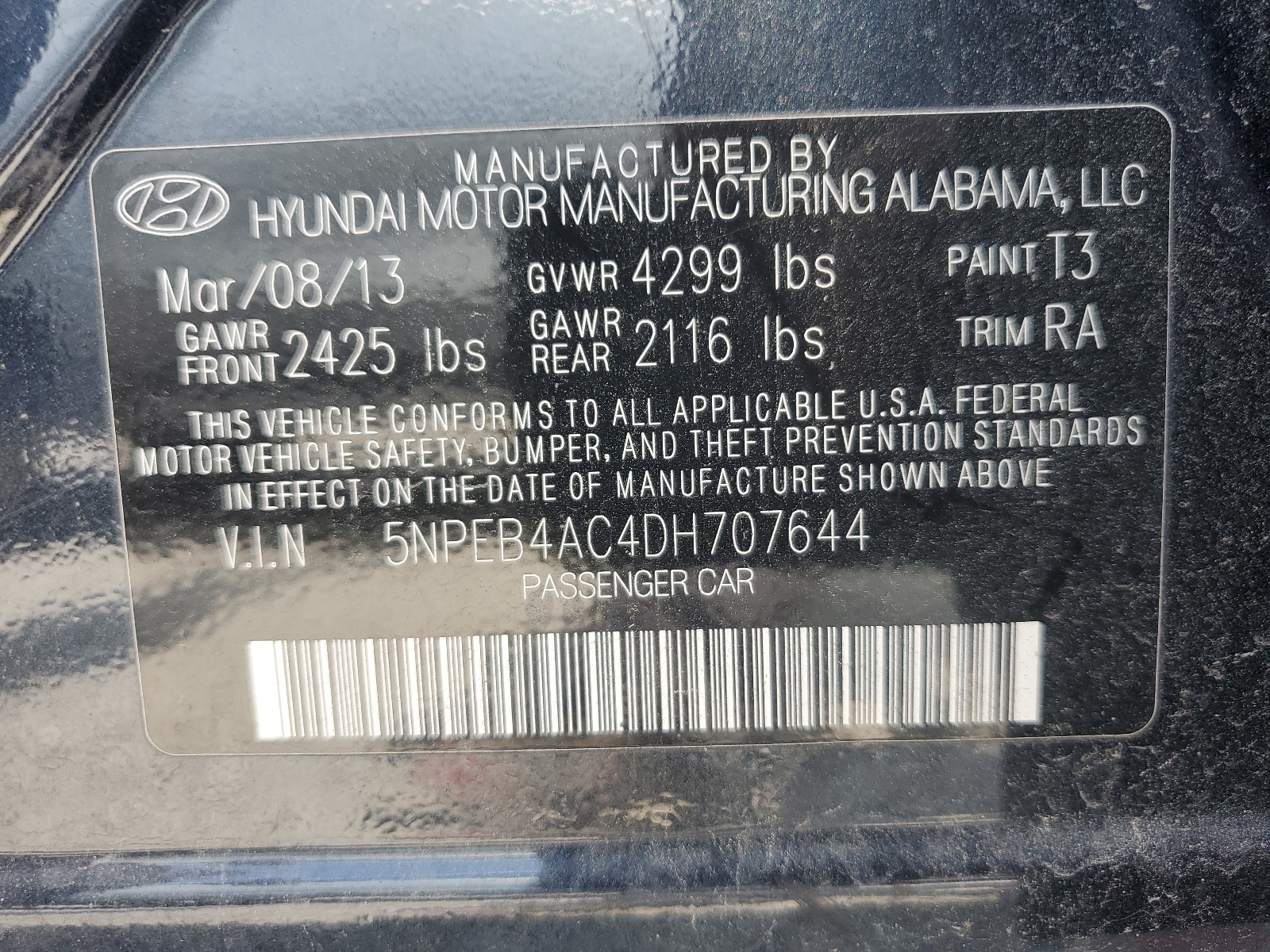 5NPEB4AC4DH707644 2013 Hyundai Sonata Gls