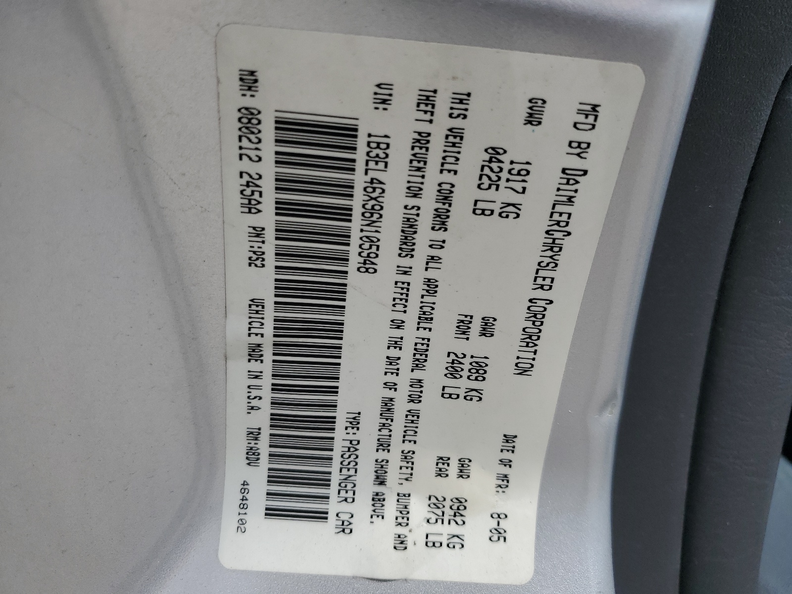 1B3EL46X96N105948 2006 Dodge Stratus Sxt