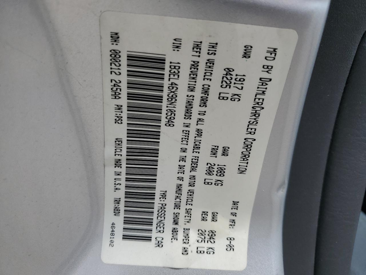 2006 Dodge Stratus Sxt VIN: 1B3EL46X96N105948 Lot: 63078174