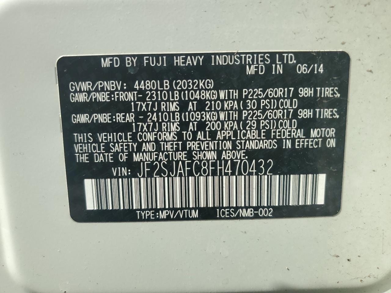 2015 Subaru Forester 2.5I Premium VIN: JF2SJAFC8FH470432 Lot: 62725984