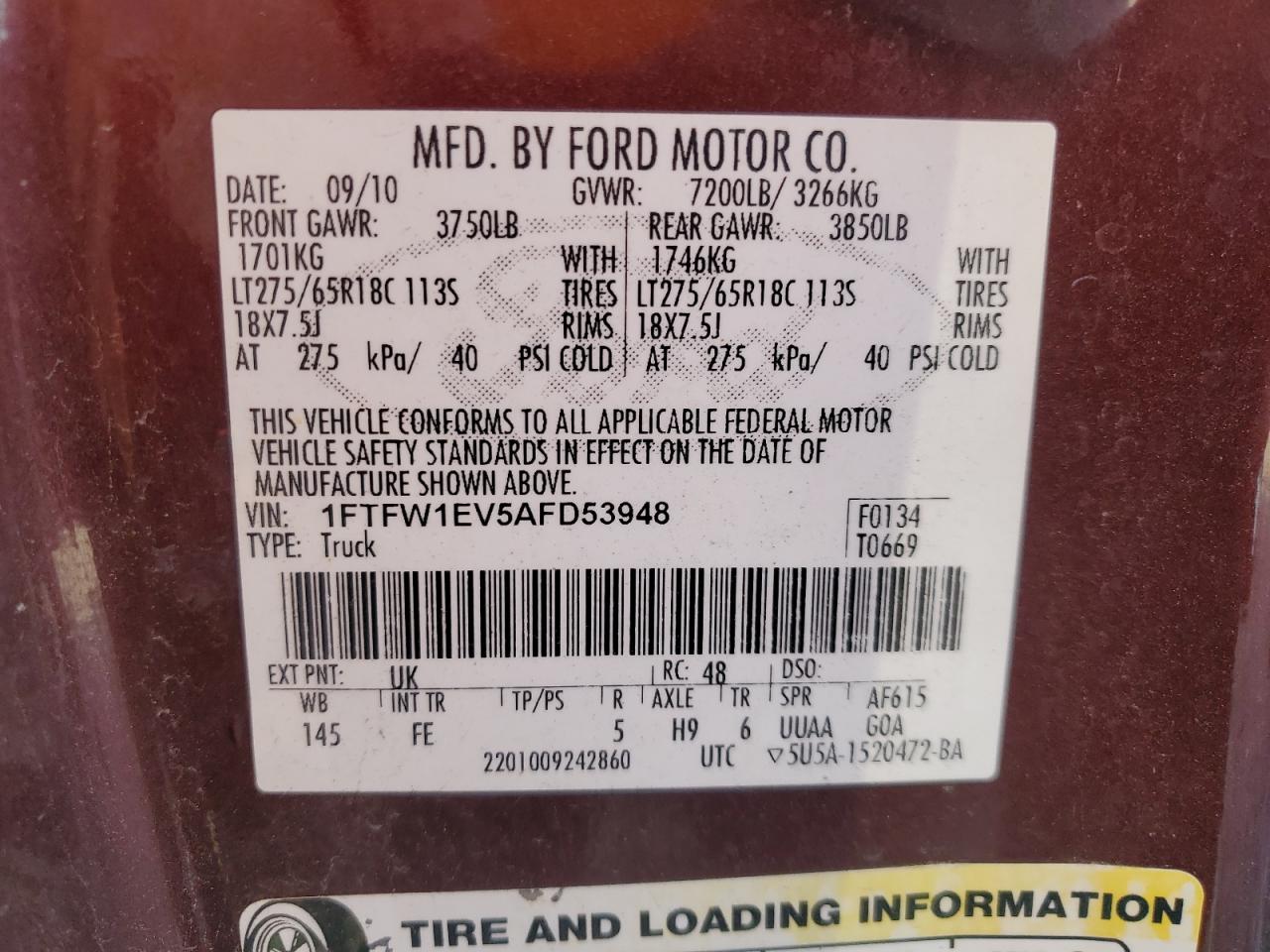 2010 Ford F150 Supercrew VIN: 1FTFW1EV5AFD53948 Lot: 62612764