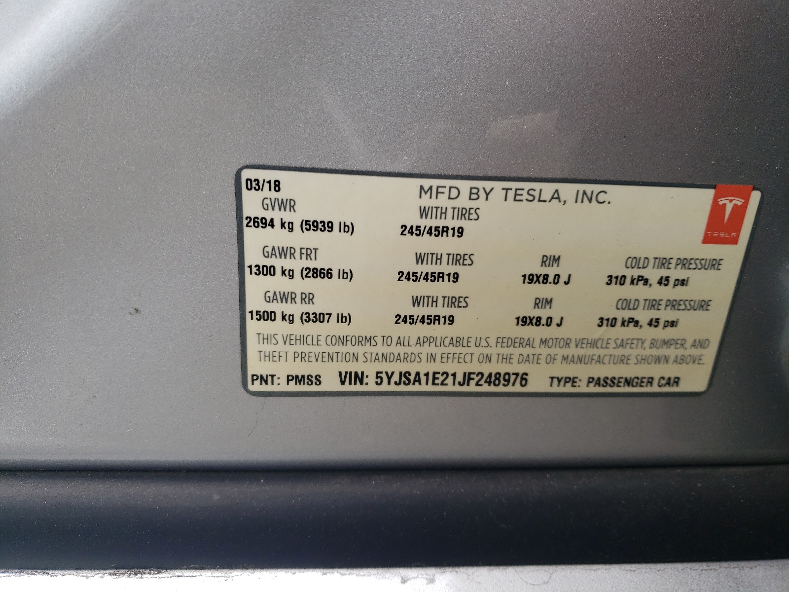 5YJSA1E21JF248976 2018 Tesla Model S