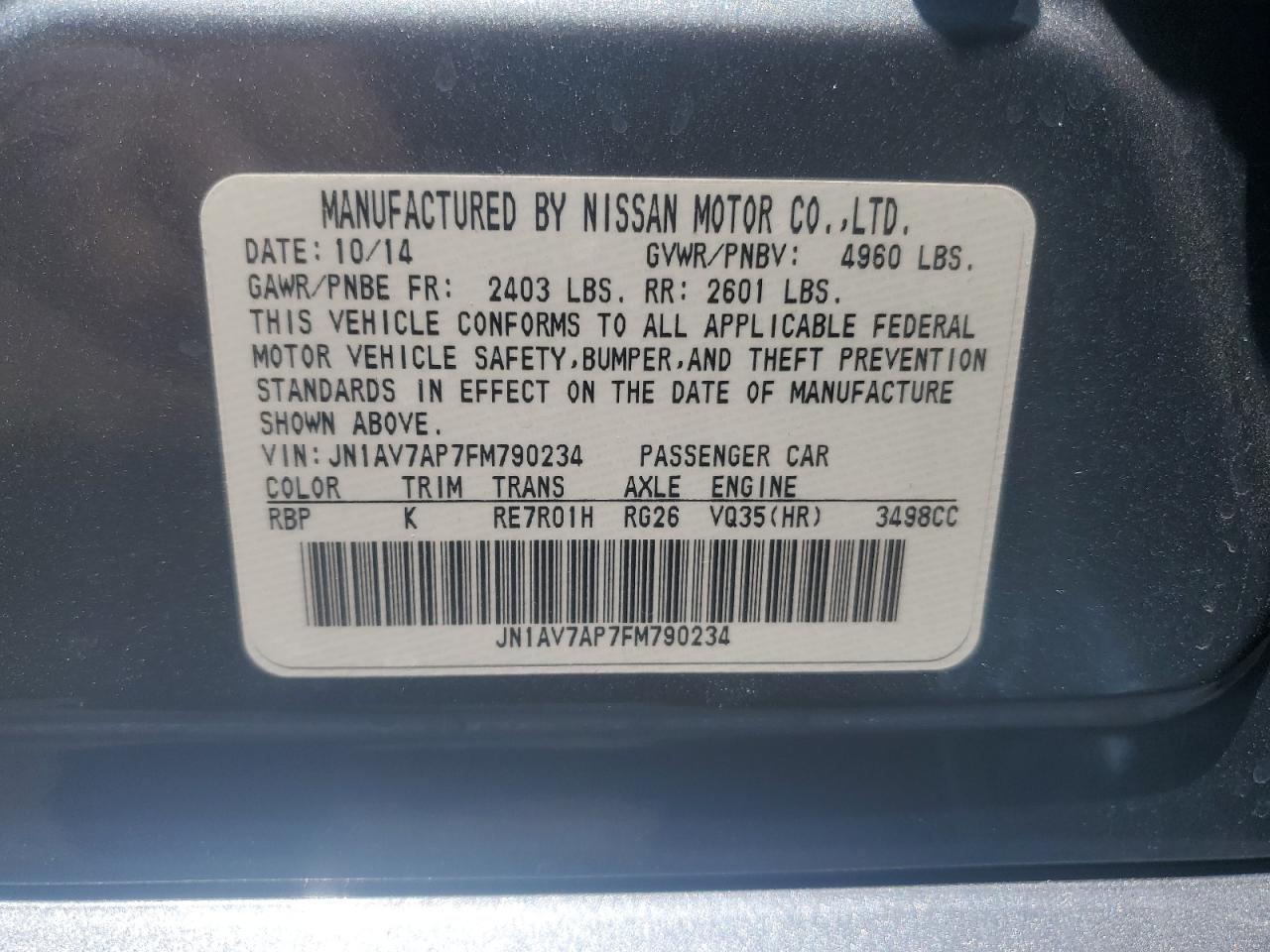 2015 Infiniti Q50 Hybrid Premium VIN: JN1AV7AP7FM790234 Lot: 63051224