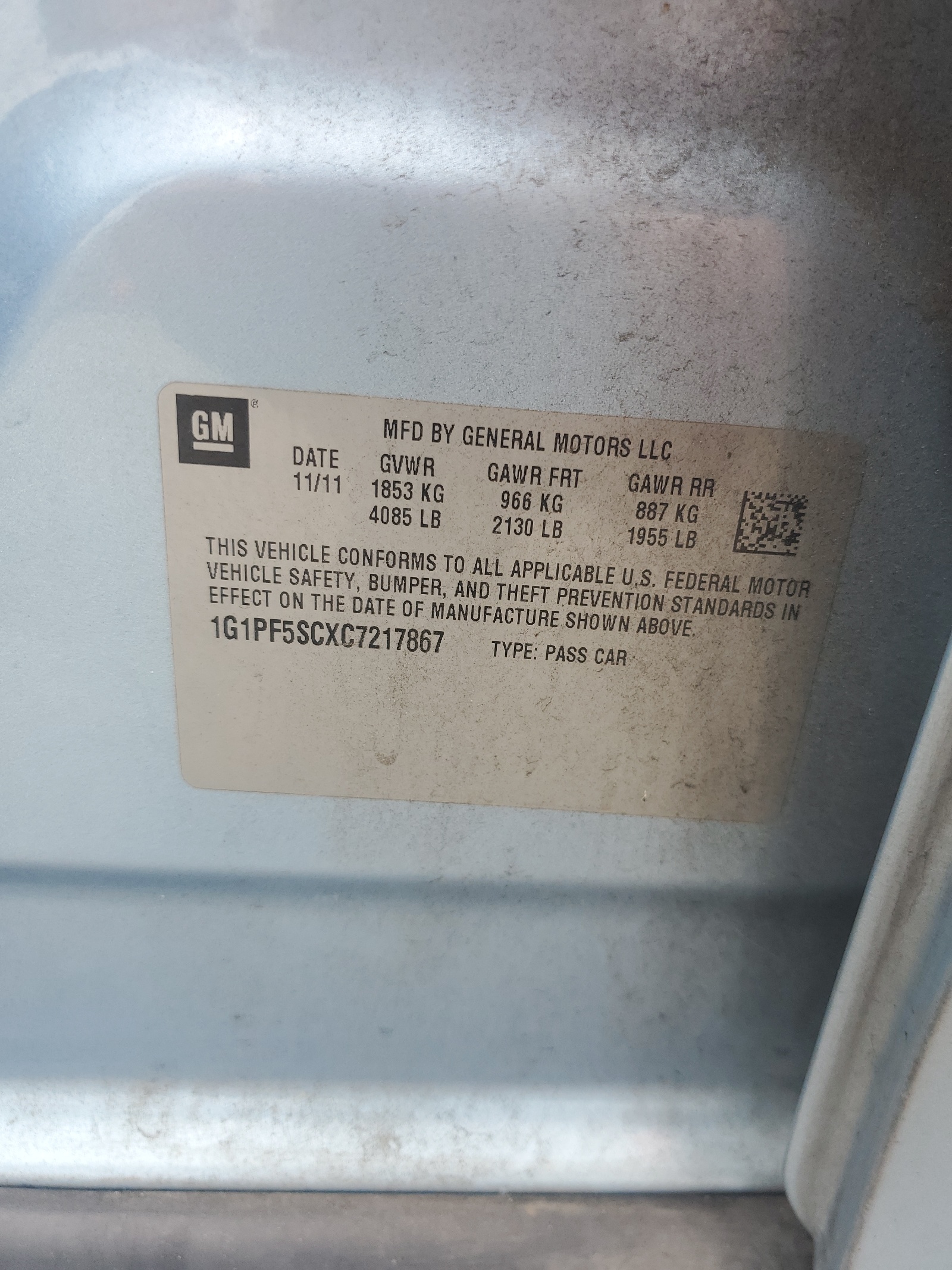 1G1PF5SCXC7217867 2012 Chevrolet Cruze Lt