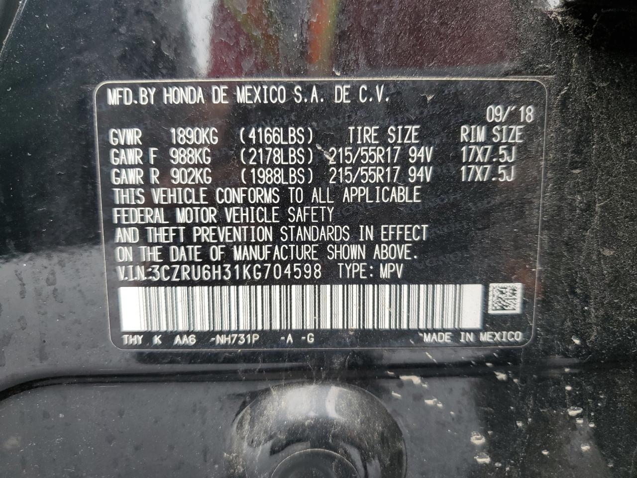 2019 Honda Hr-V Lx VIN: 3CZRU6H31KG704598 Lot: 63802794