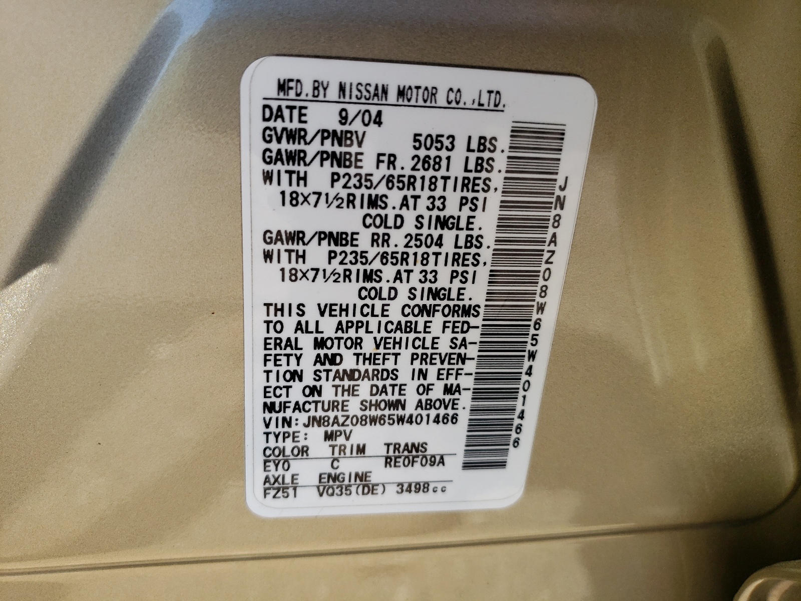 JN8AZ08W65W401466 2005 Nissan Murano Sl