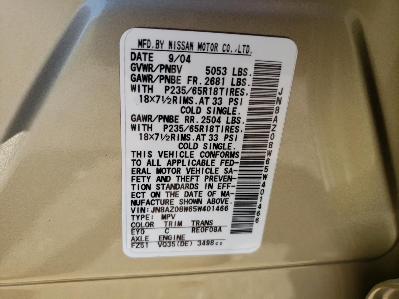 2005 Nissan Murano Sl VIN: JN8AZ08W65W401466 Lot: 63960894