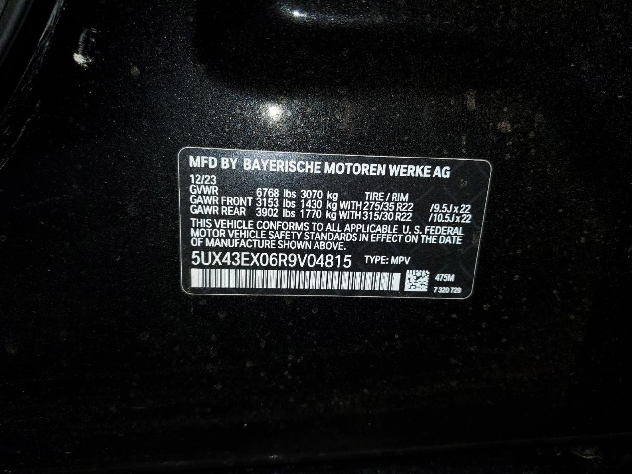 2024 BMW X6 M60I VIN: 5UX43EX06R9V04815 Lot: 62465754