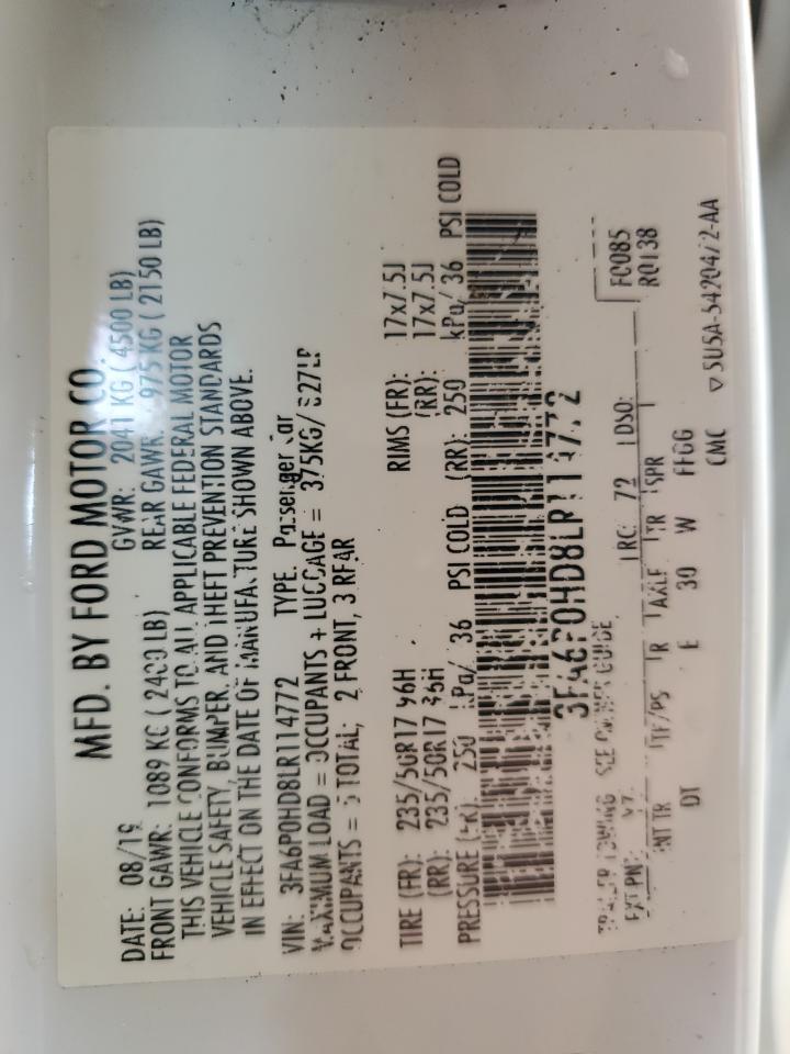 2020 Ford Fusion Se VIN: 3FA6P0HD8LR114772 Lot: 64073174