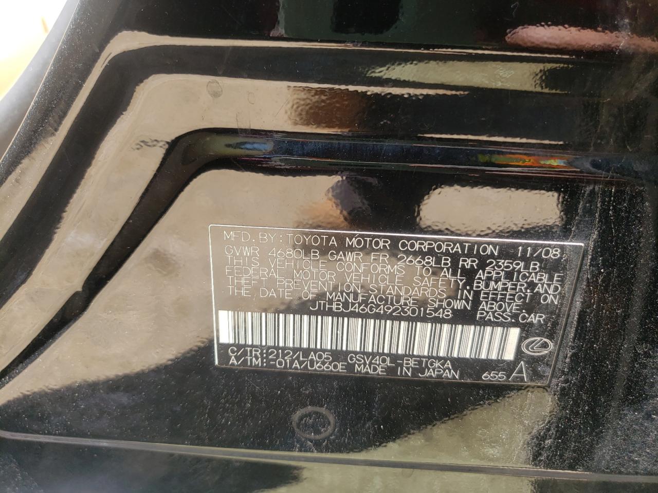 2009 Lexus Es 350 VIN: JTHBJ46G492301548 Lot: 63928574