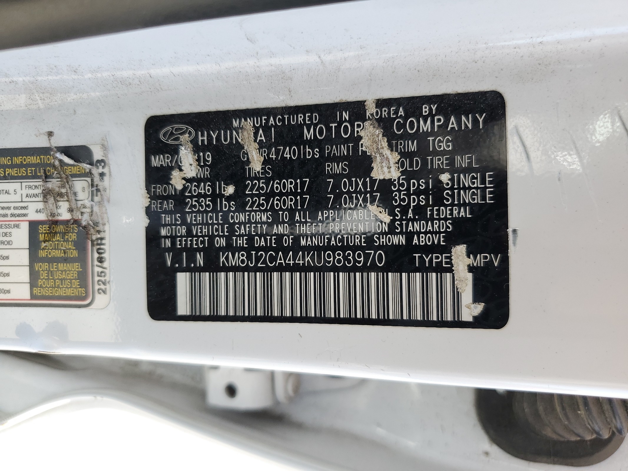 KM8J2CA44KU983970 2019 Hyundai Tucson Se