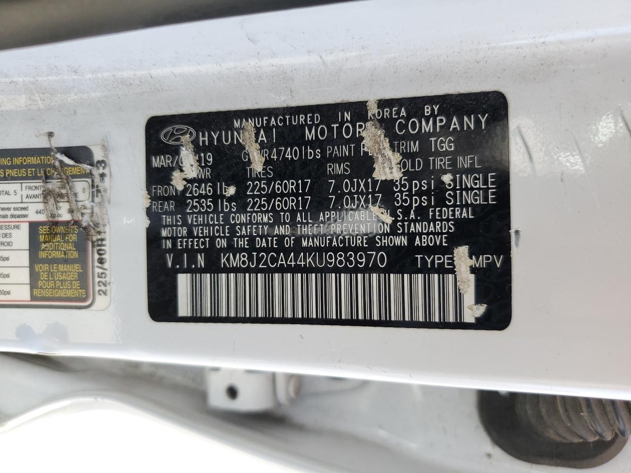 2019 Hyundai Tucson Se VIN: KM8J2CA44KU983970 Lot: 62963064