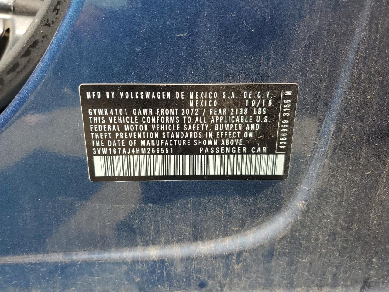 2017 Volkswagen Jetta S VIN: 3VW167AJ4HM266551 Lot: 63806054