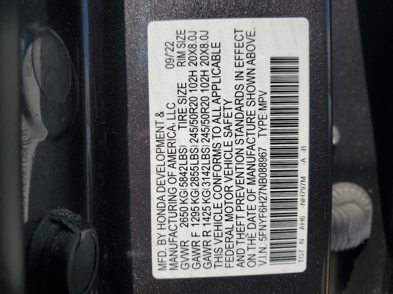 2022 Honda Pilot Se VIN: 5FNYF6H27NB088967 Lot: 65127804