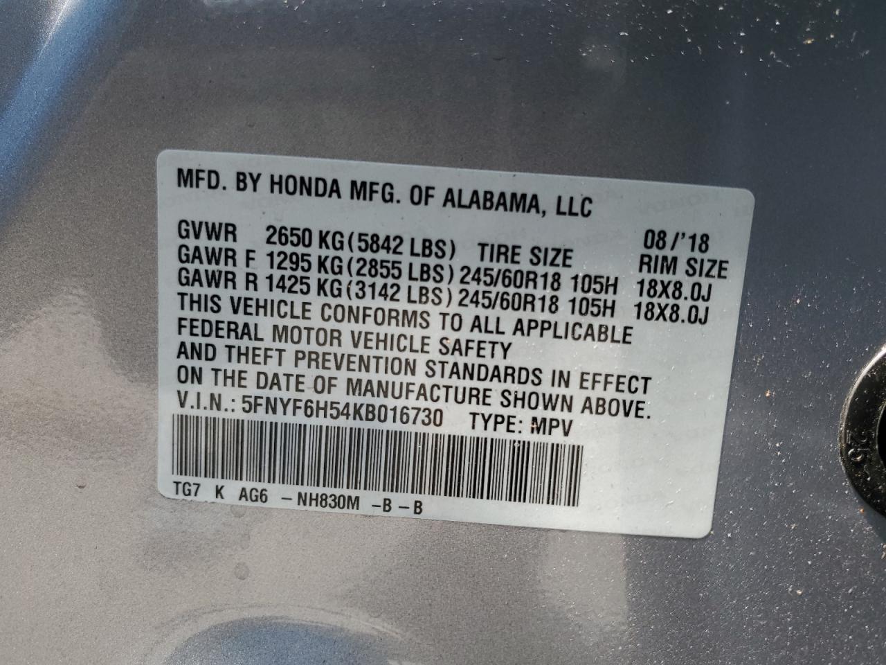 2019 Honda Pilot Exl VIN: 5FNYF6H54KB016730 Lot: 61867934