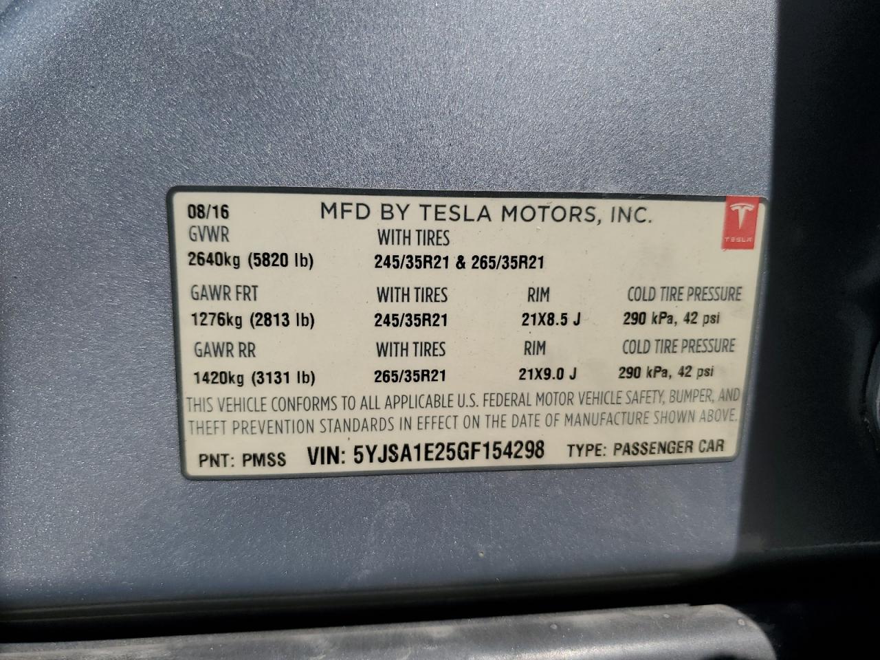 5YJSA1E25GF154298 2016 Tesla Model S