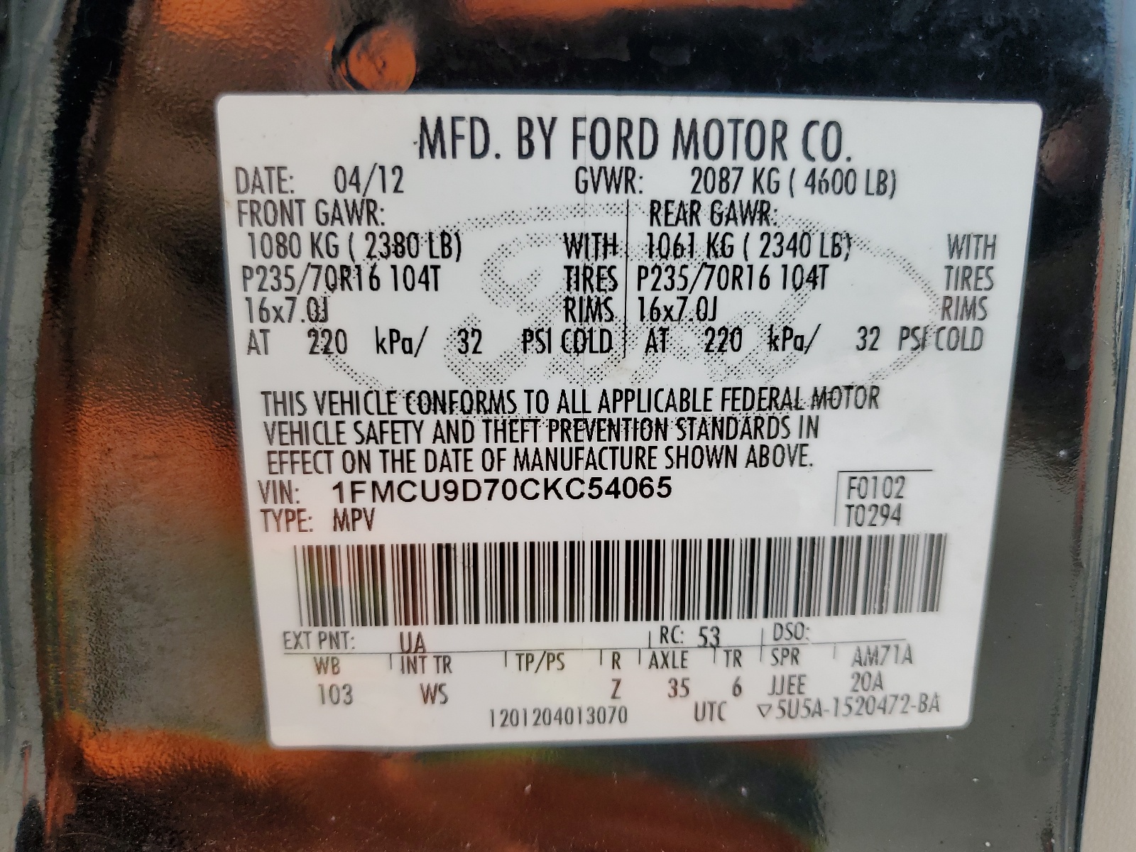 1FMCU9D70CKC54065 2012 Ford Escape Xlt
