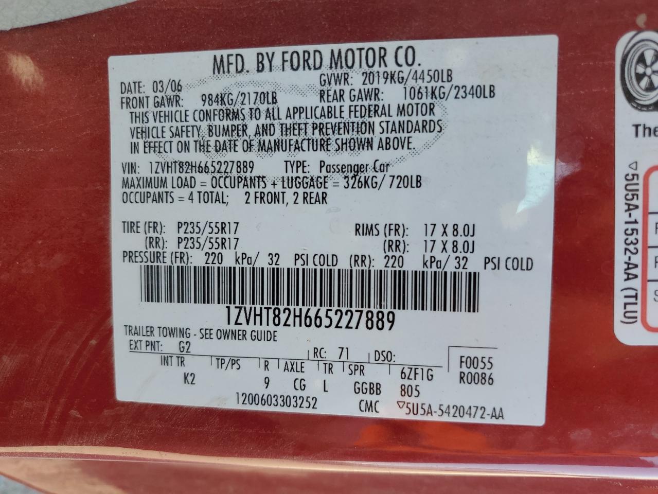 2006 Ford Mustang Gt VIN: 1ZVHT82H665227889 Lot: 62563824