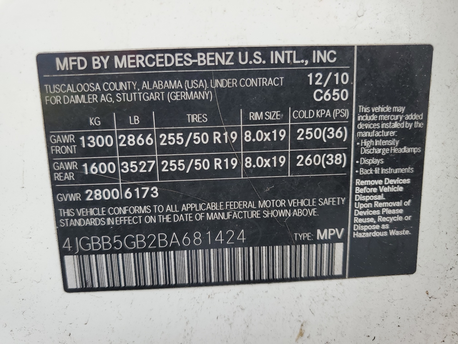 4JGBB5GB2BA681424 2011 Mercedes-Benz Ml 350