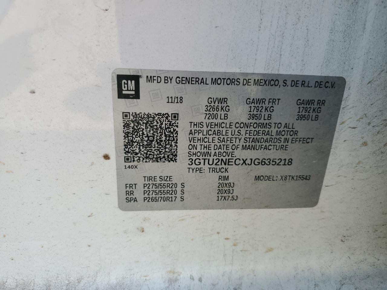 2018 GMC Sierra K1500 Slt VIN: 3GTU2NECXJG635218 Lot: 63702734