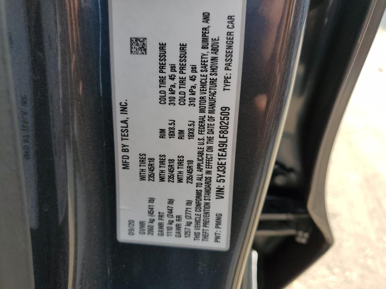 5YJ3E1EA9LF802509 2020 Tesla Model 3