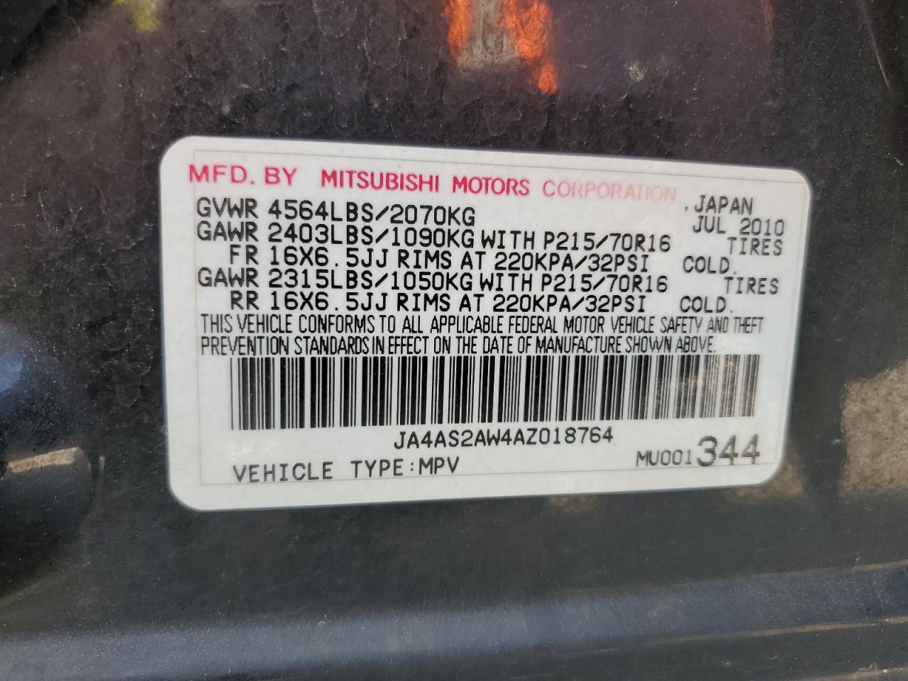 2010 Mitsubishi Outlander Es VIN: JA4AS2AW4AZ018764 Lot: 63444674