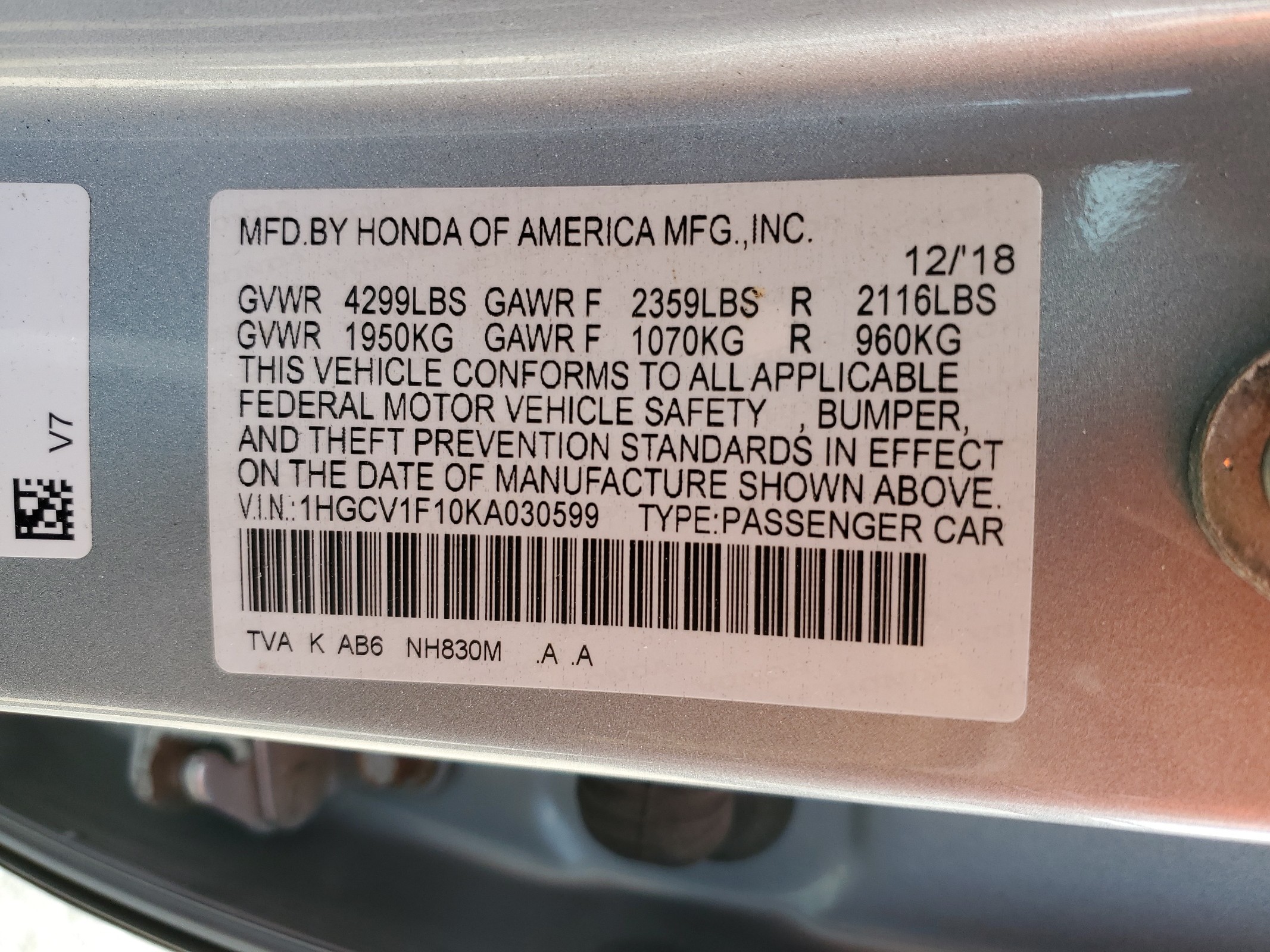 1HGCV1F10KA030599 2019 Honda Accord Lx