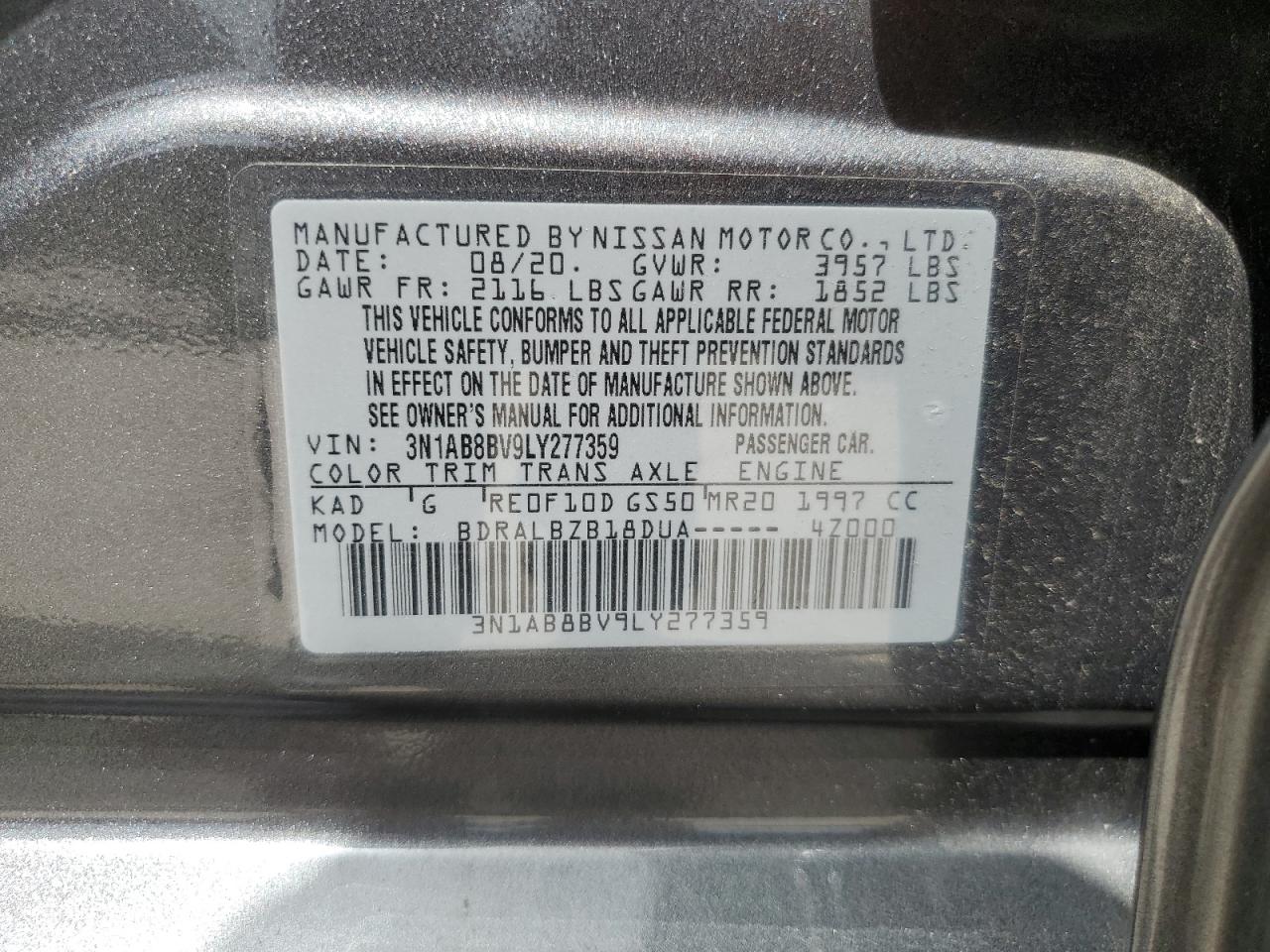 3N1AB8BV9LY277359 2020 Nissan Sentra S