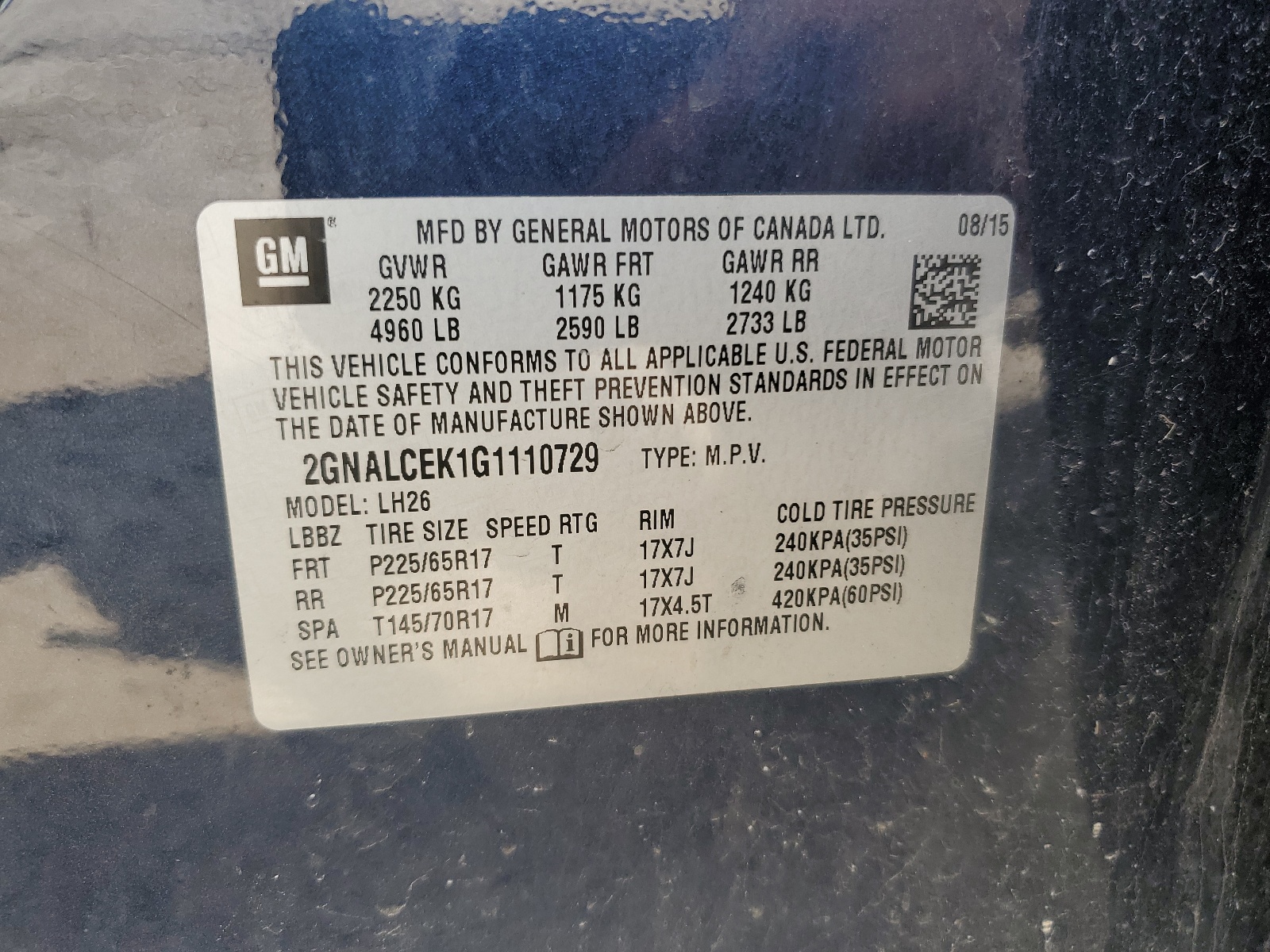 2GNALCEK1G1110729 2016 Chevrolet Equinox Lt