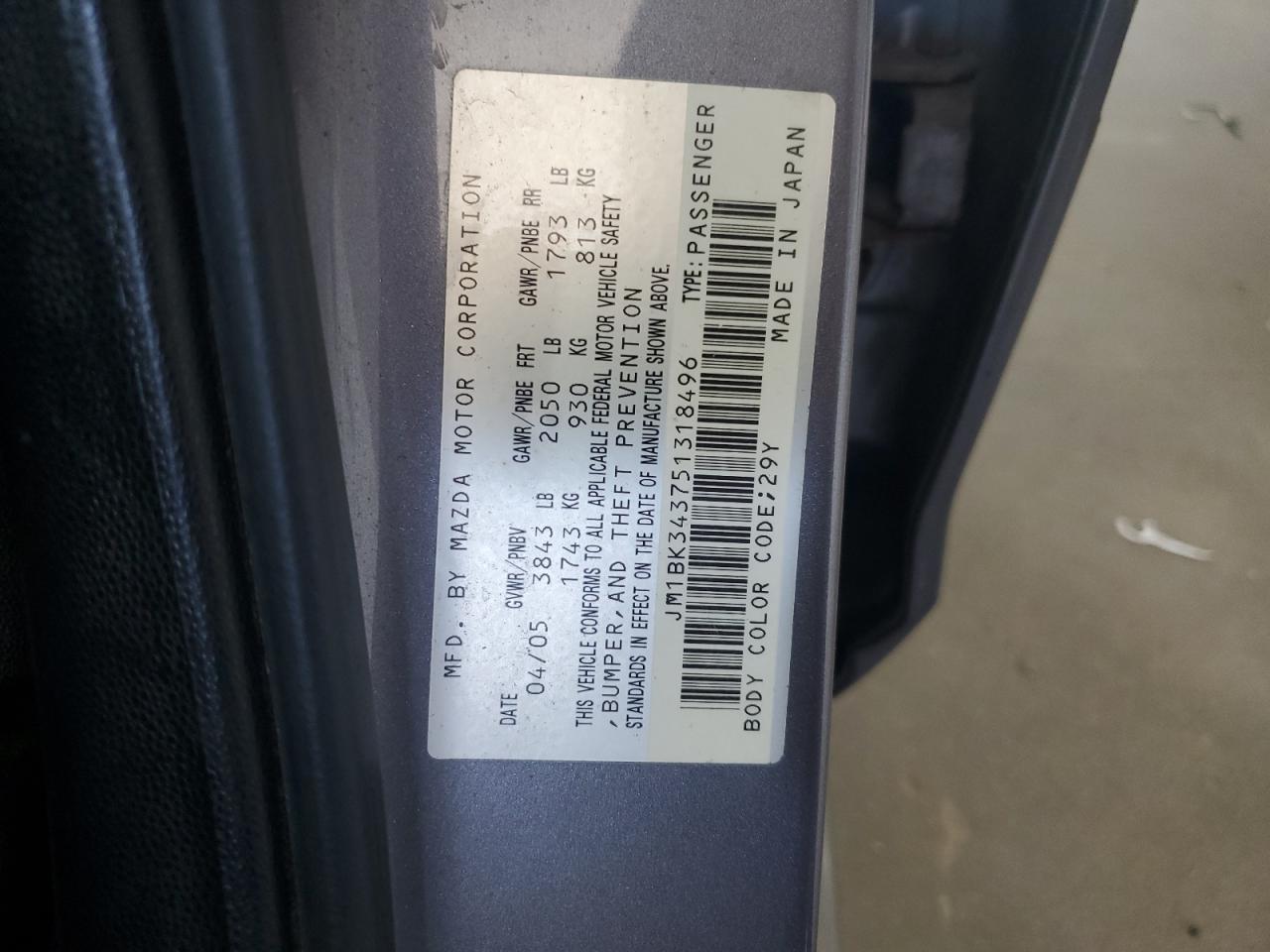 2005 Mazda 3 Hatchback VIN: JM1BK343751318496 Lot: 63183174