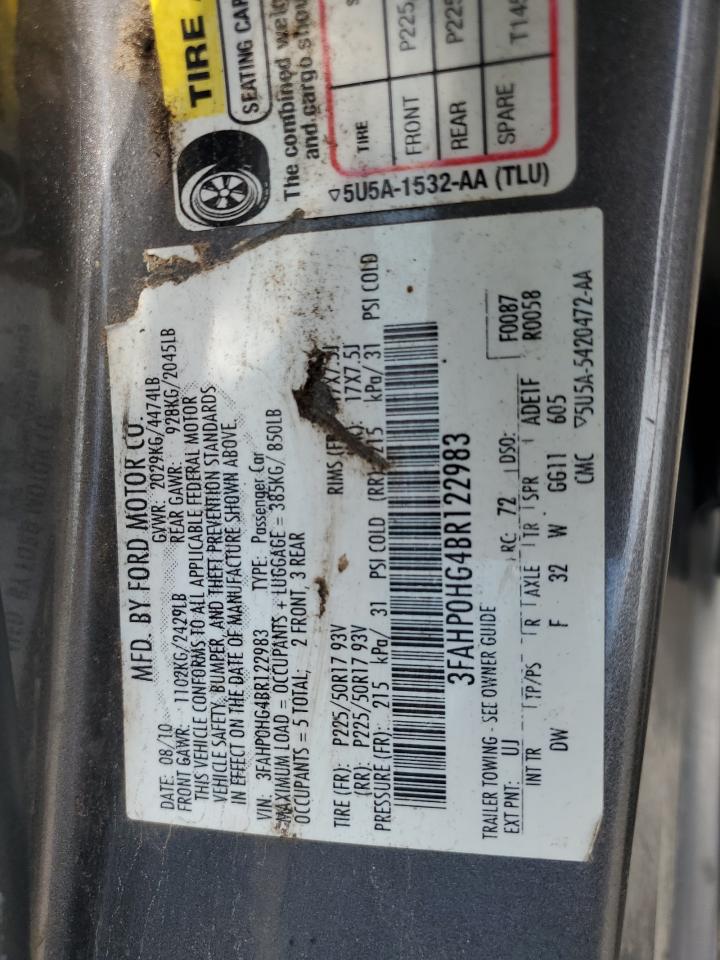 2011 Ford Fusion Se VIN: 3FAHP0HG4BR122983 Lot: 61910204