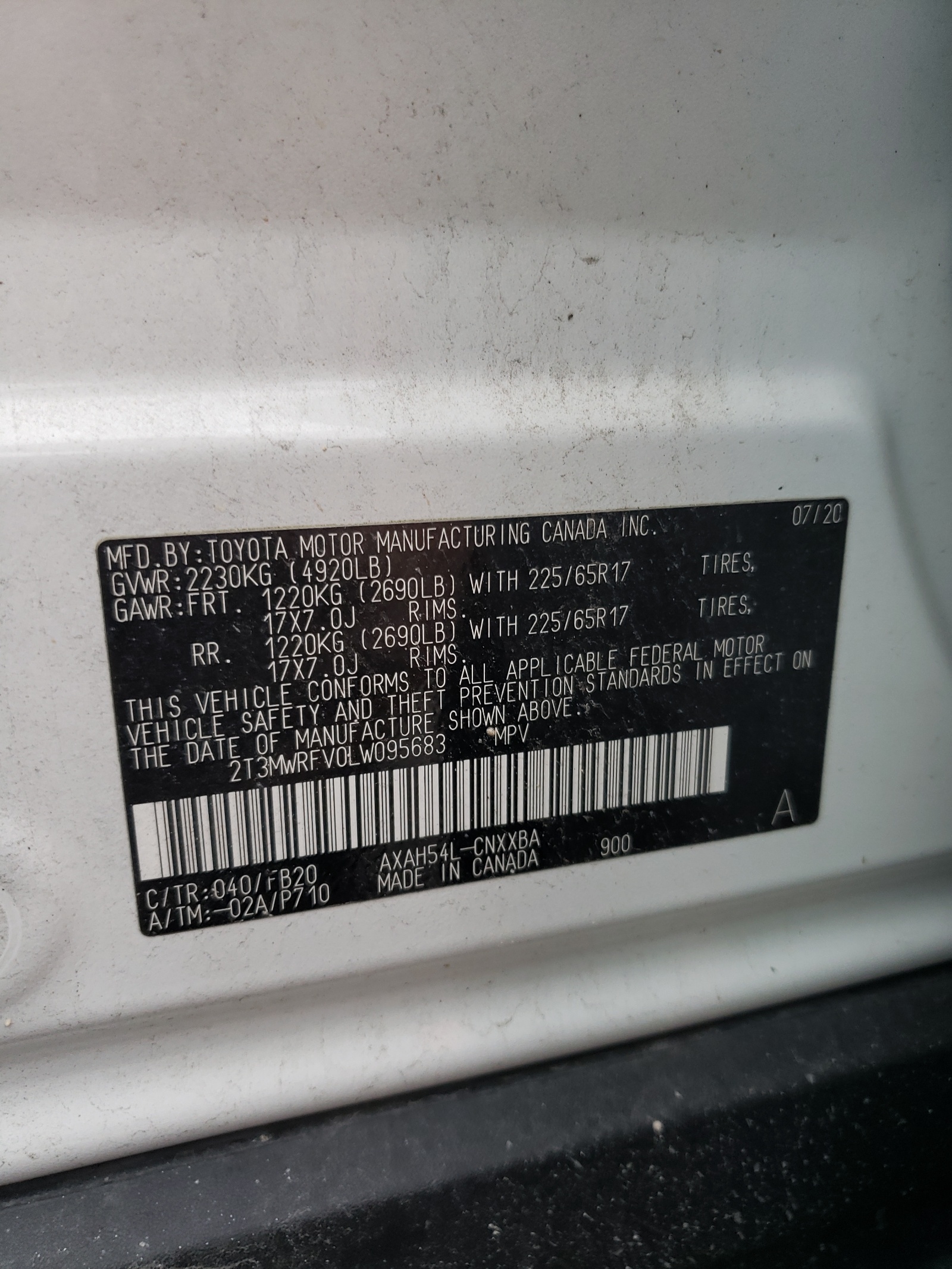 2T3MWRFV0LW095683 2020 Toyota Rav4 Le