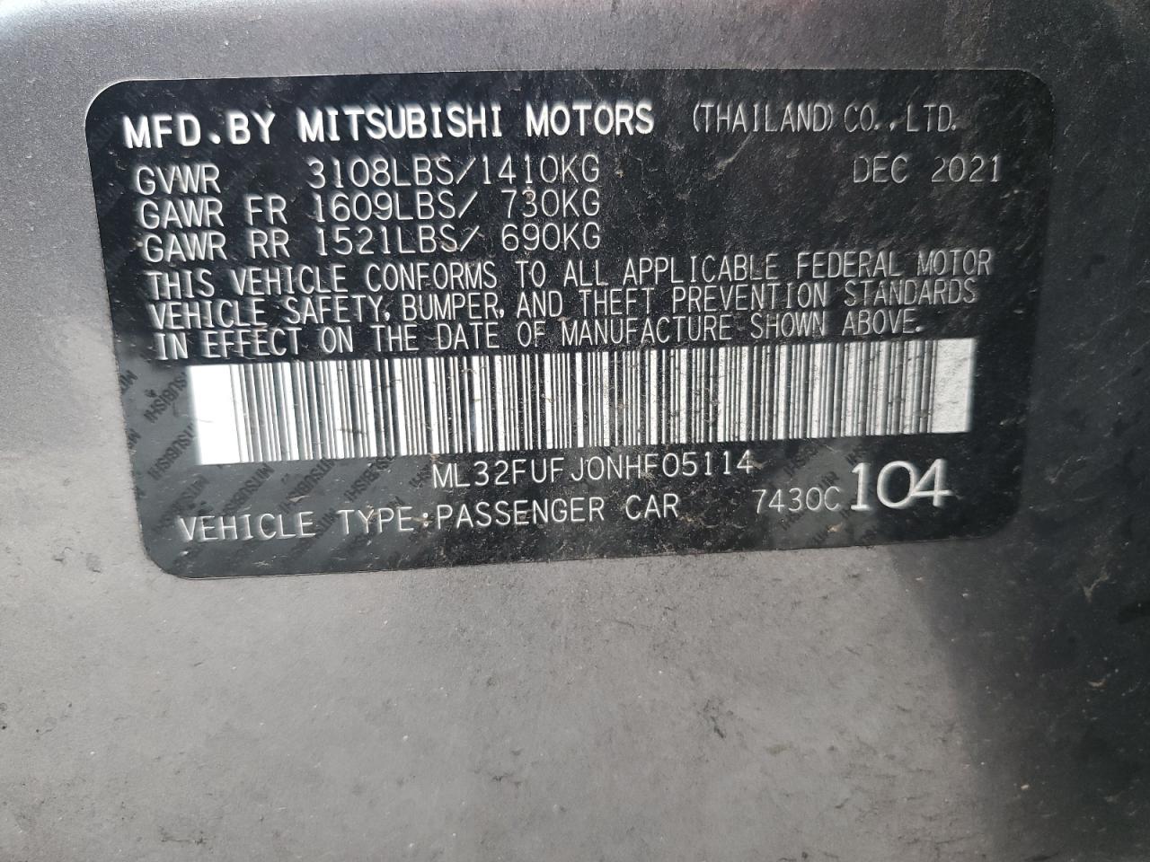 2022 Mitsubishi Mirage G4 Es VIN: ML32FUFJ0NHF05114 Lot: 63605924