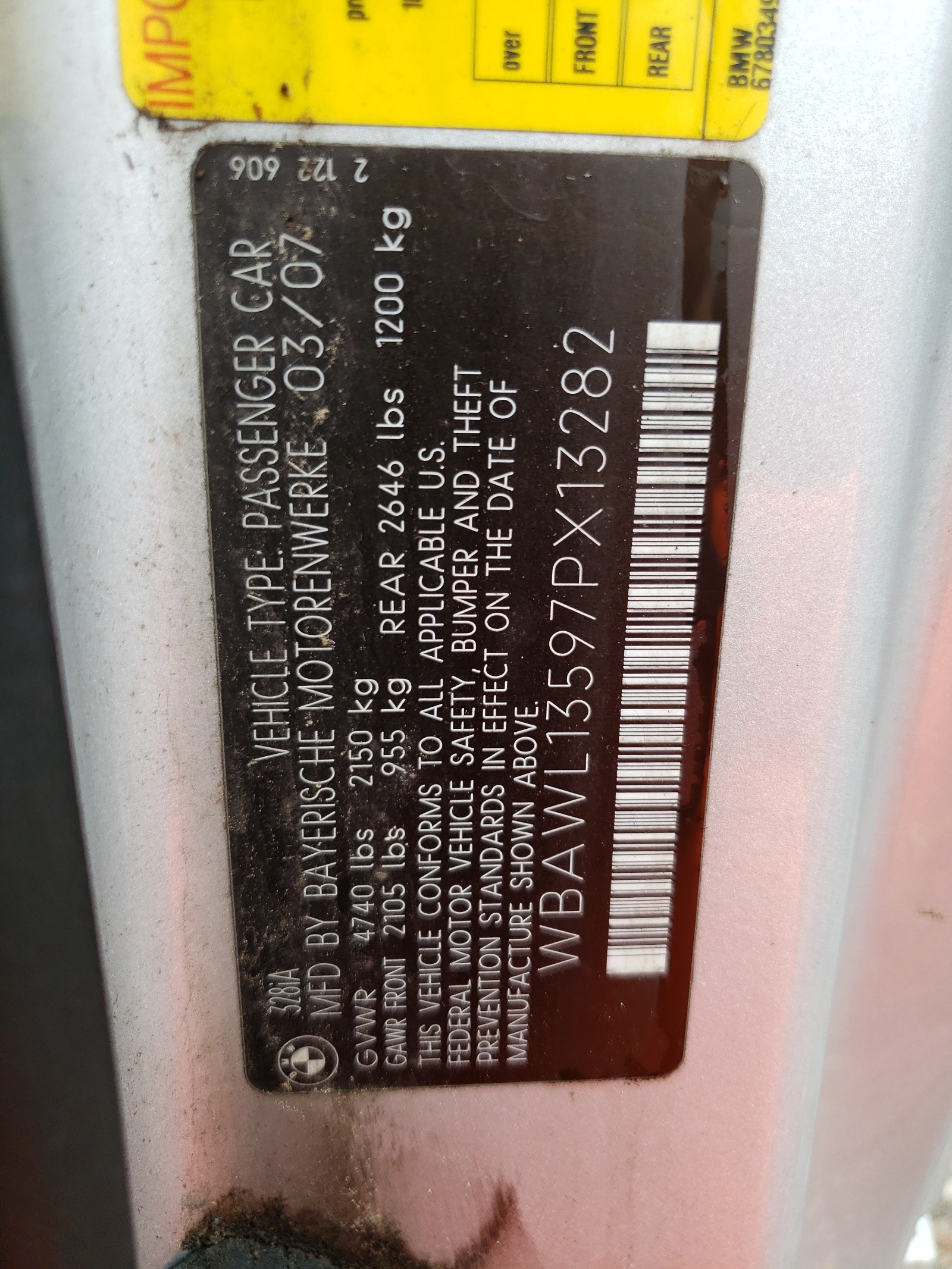 WBAWL13597PX13282 2007 BMW 328 I