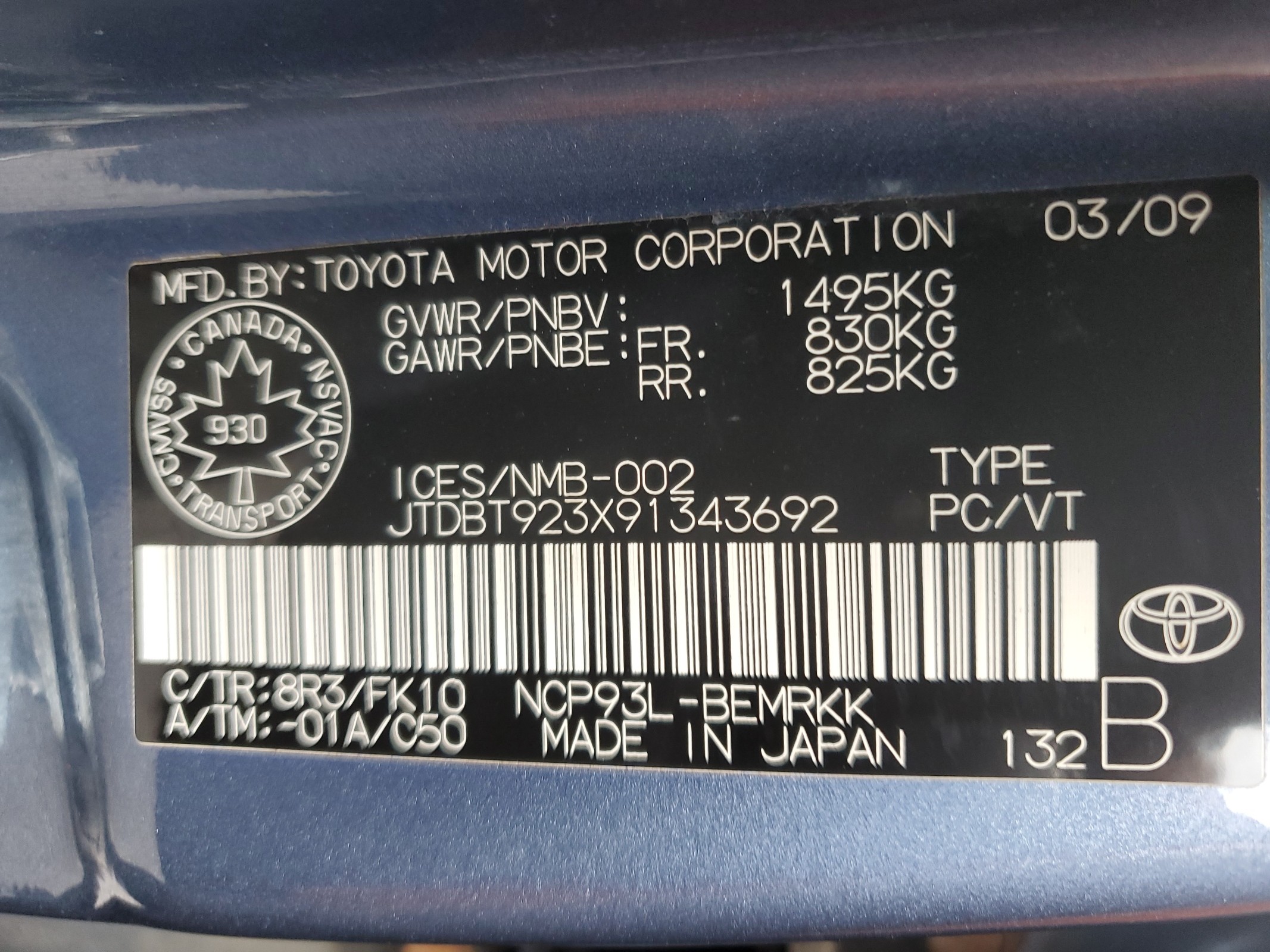 JTDBT923X91343692 2009 Toyota Yaris