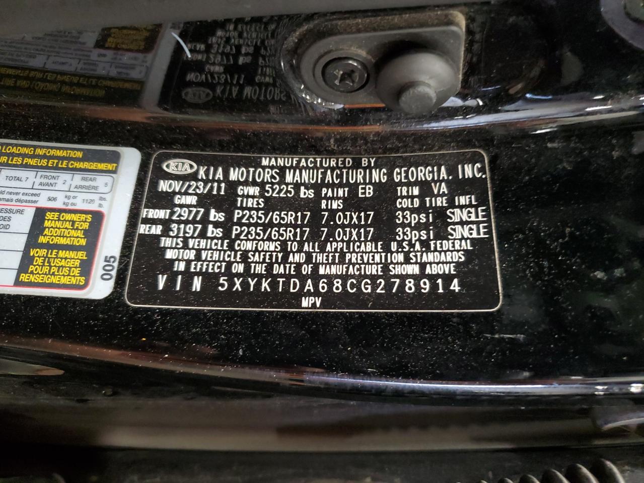 2012 Kia Sorento Base VIN: 5XYKTDA68CG278914 Lot: 64832404