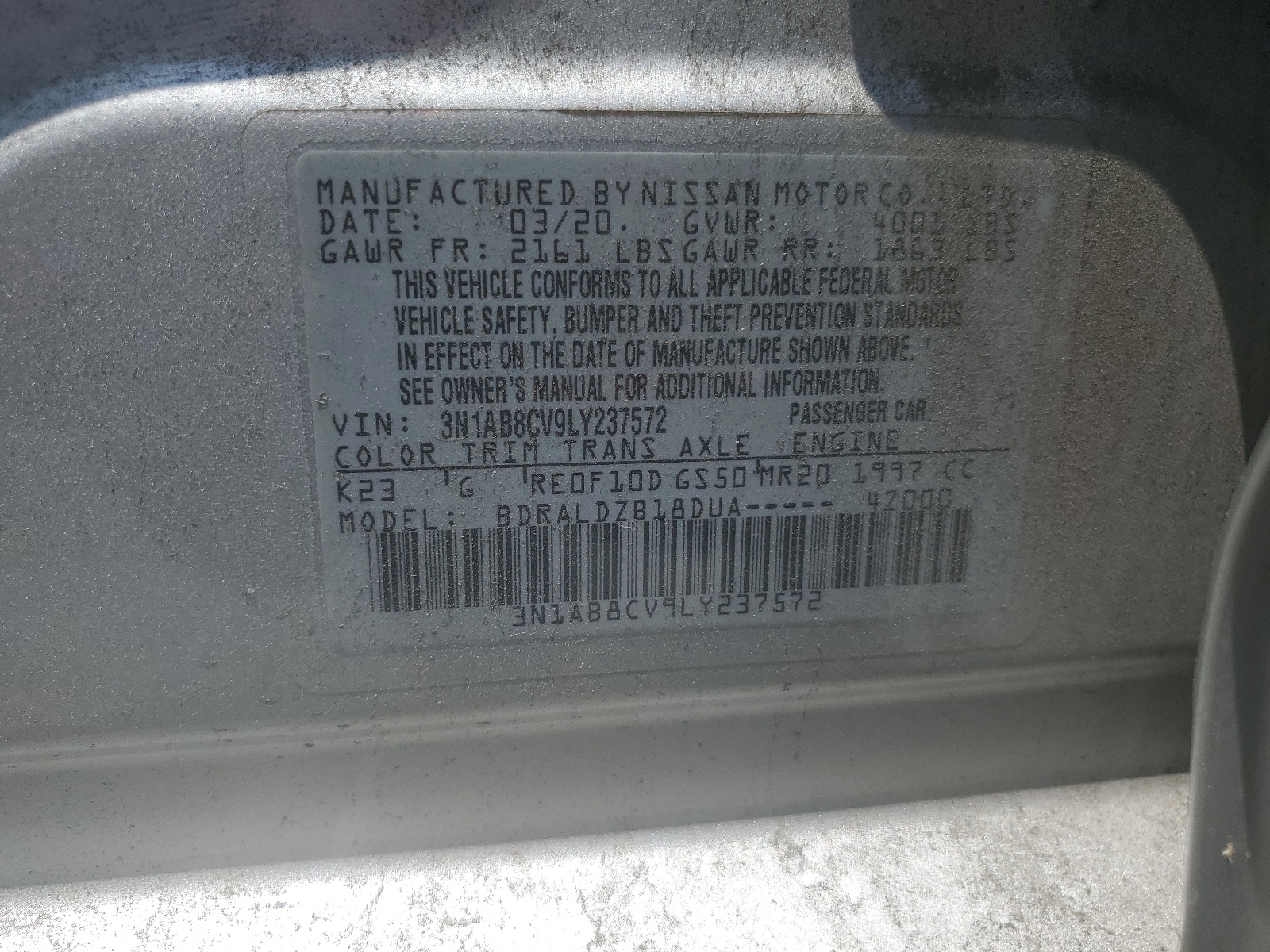 3N1AB8CV9LY237572 2020 Nissan Sentra Sv