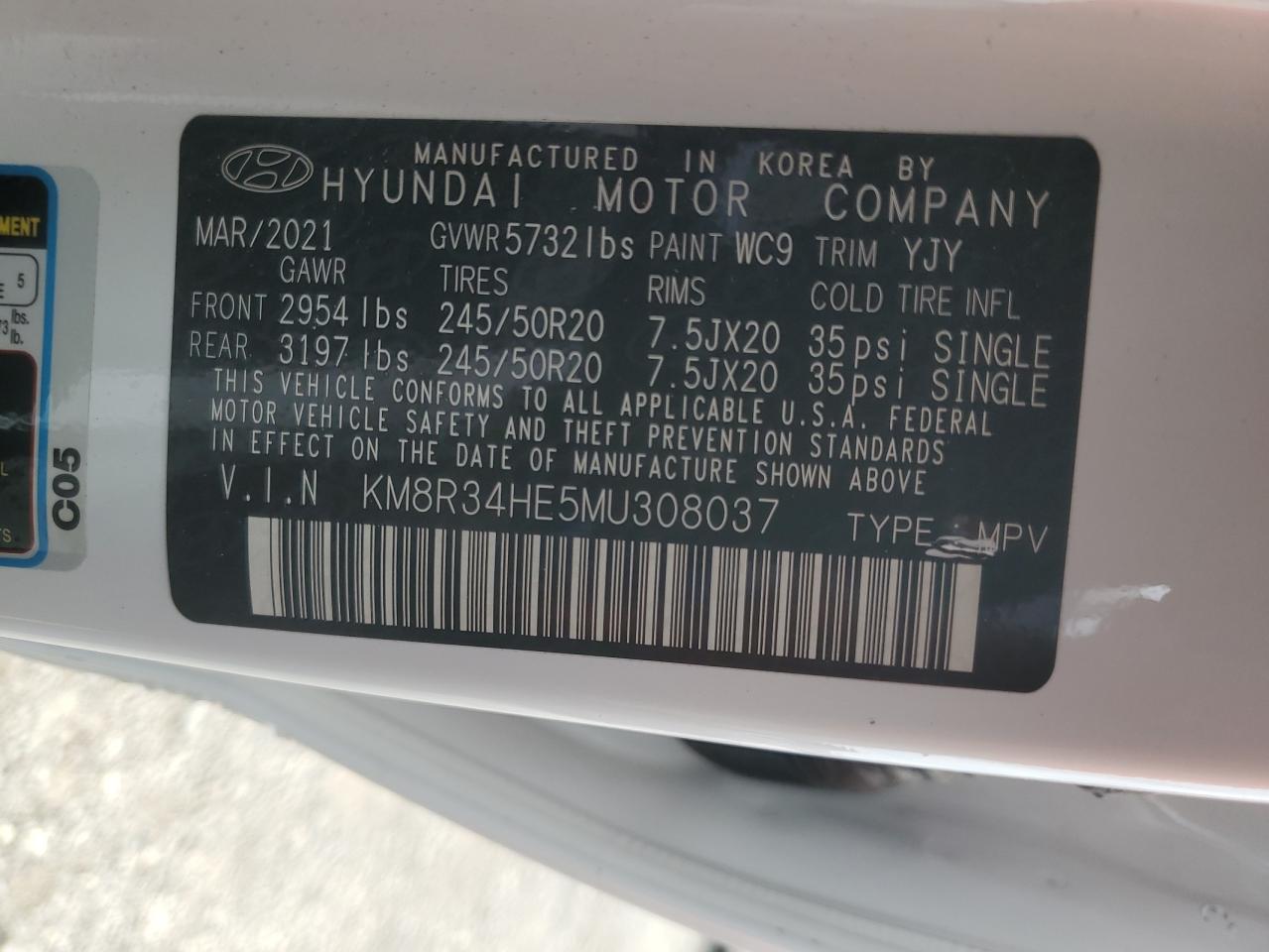 KM8R34HE5MU308037 2021 Hyundai Palisade Sel