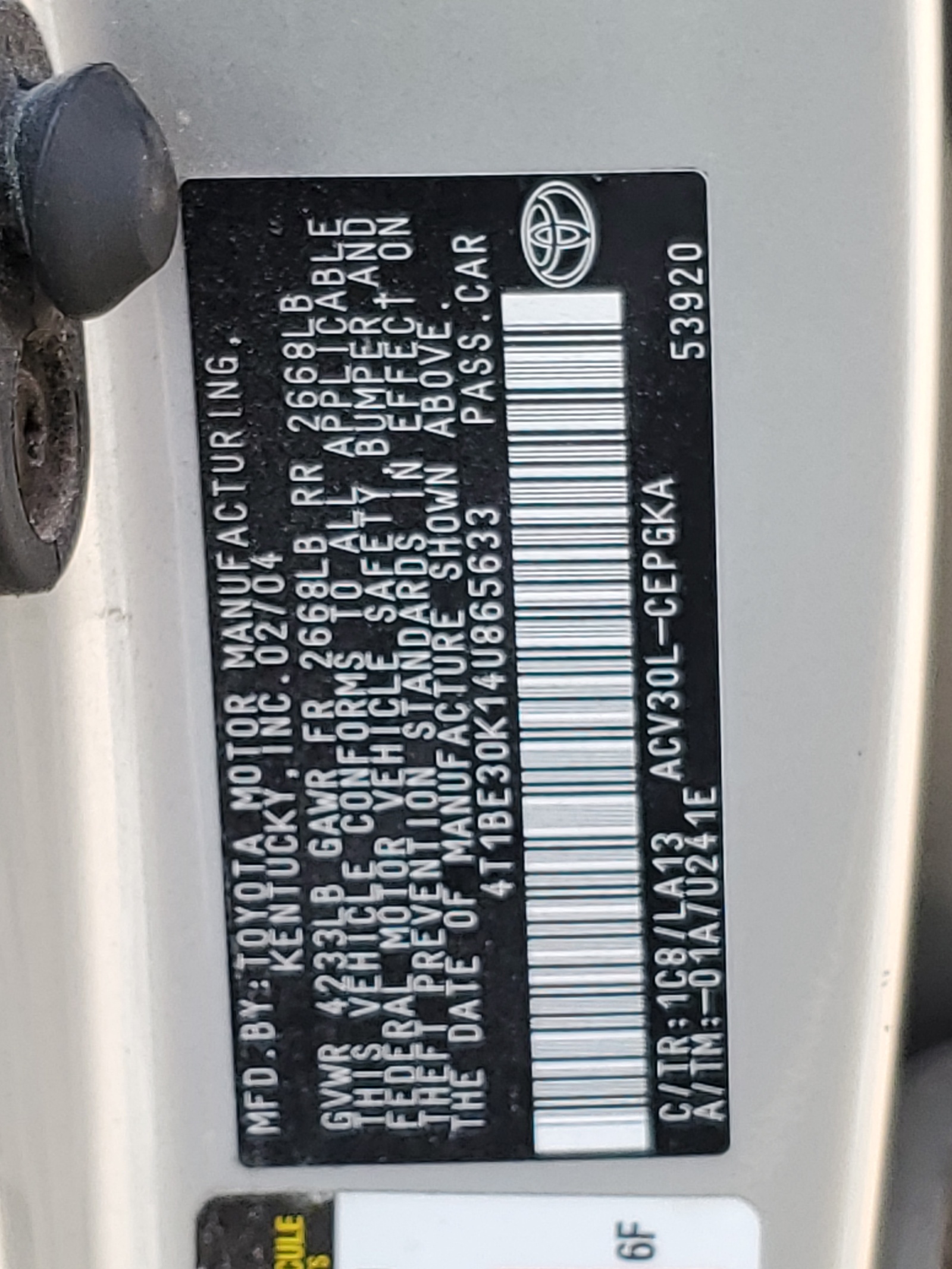 4T1BE30K14U865633 2004 Toyota Camry Le