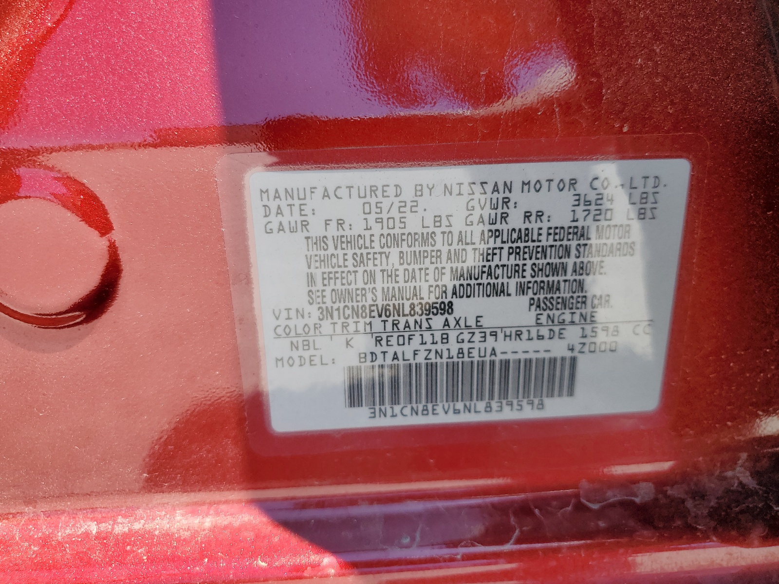 3N1CN8EV6NL839598 2022 Nissan Versa Sv